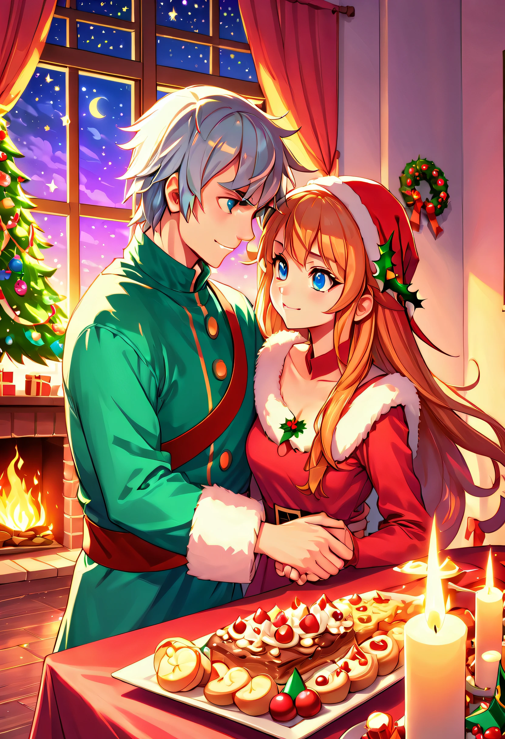 (closeup cleavage: 1.8), ((Best quality at best, 8K, A high resolution, tmasterpiece:1.2), ultra - detailed, (actual, realistically:1.37), vivd colour, magical ambiance, Whimsical, ((The room is full of stars，stars shining bright))，((Vector illustration style)), The room is decorated with a strong Christmas atmosphere. A string of shining colored lights hangs on the wall, Christmas wreath and little snowman on windowsill, In the corner of the room stands a beautifully decorated Christmas tree. On a table, There are beautiful cutlery and red plates. In the center of the table, Have a sumptuous Christmas feast, Next to it is a bottle of red wine and two exquisite wine glasses. (((A male and female couple wearing Christmas costumes cuddling together))), Smiling and looking at each other，Eyes full of happiness and warmth. There are several scented candles lit in the room, It exudes a light fragrance. Warm fire burning in the fireplace, Brings warmth and comfort to the entire room, Surreal, Psychedelic, Complicated details, Beautiful texture, Ethereal, like a dream, Soft glowing light, Charming Patterns, fantastical creature, Hidden surprises, dreamlike landscapes, Surreal color palette, Mystic aura, hyper realisitc, Enchanting journey, psychedelic trip, vivid imagination, immersive experience, Mysterious Christmas, otherworldly charm, glowing paths, Light up a magical Christmas, surreal sky, Whimsical themed festivals, a magical encounter, Fascinating artwork, Elegantly silhouetted against a celestial backdrop of epic trance waves, The moonlight is ethereal and vibrant, fantasy broken glass shades, Draw multiple strong exposure effects, matte painting photo painting, Stunningly superior clarity and unparalleled clarity, Stunning details that look almost unrealistic, Stunning details that are extremely captivating, Stroking technique，exquisitedetails，Very unreal, Amazing brushstroke skills, Exquisite details are unrealistic, Gel ink craft dark teal multicolor, Crazy beautiful light, Add eye-catching high-contrast scenes, Overall stunning and beautiful, The entire process was very accurate and detailed, (Medieval ninja style gouache masterpiece:1.1), Crazy glowing hair, (Mysterious sci-fi paint:1.1)