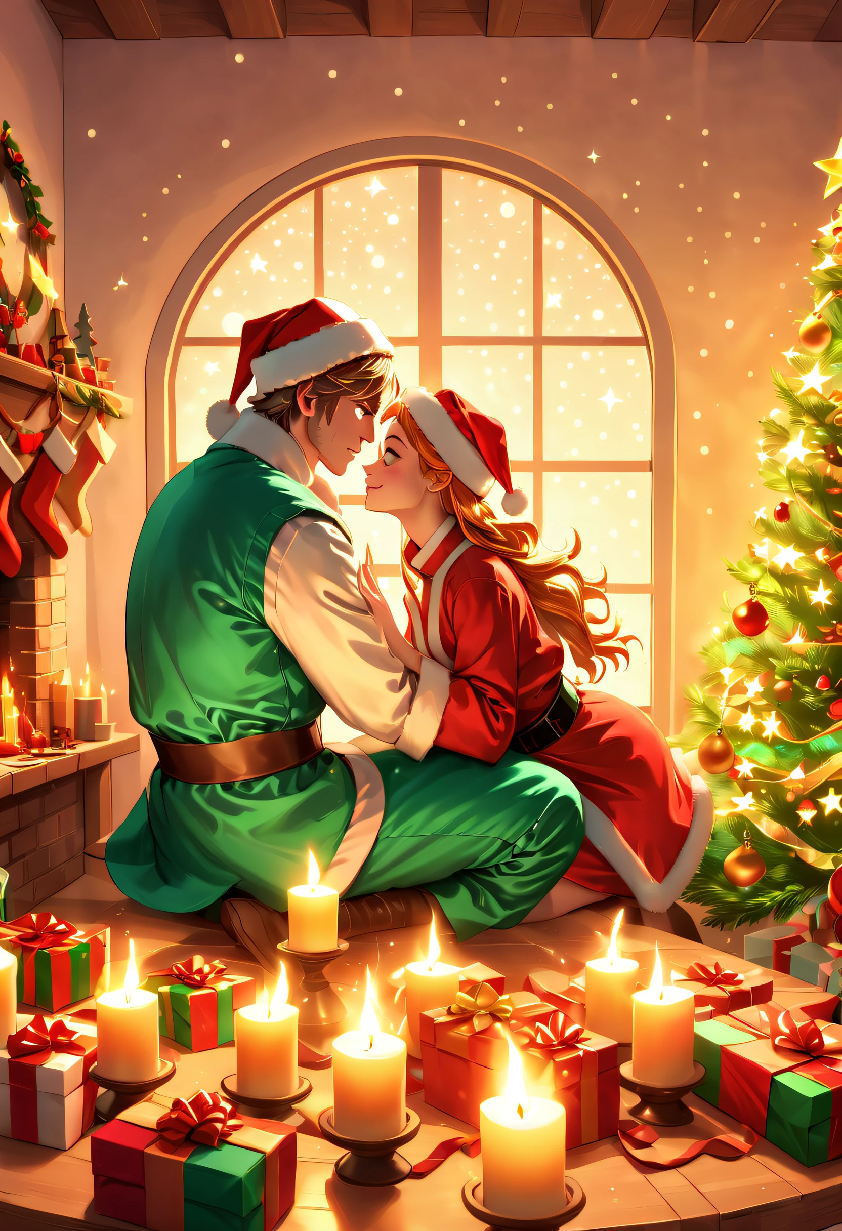 (closeup cleavage: 1.8), ((Best quality at best, 8K, A high resolution, tmasterpiece:1.2), ultra - detailed, (actual, realistically:1.37), vivd colour, magical ambiance, Whimsical, ((The room is full of stars，stars shining bright))，((Vector illustration style)), The room is decorated with a strong Christmas atmosphere. A string of shining colored lights hangs on the wall, Christmas wreath and little snowman on windowsill, In the corner of the room stands a beautifully decorated Christmas tree. On a table, There are beautiful cutlery and red plates. In the center of the table, Have a sumptuous Christmas feast, Next to it is a bottle of red wine and two exquisite wine glasses. (((A male and female couple wearing Christmas costumes cuddling together))), Smiling and looking at each other，Eyes full of happiness and warmth. There are several scented candles lit in the room, It exudes a light fragrance. Warm fire burning in the fireplace, Brings warmth and comfort to the entire room, Surreal, Psychedelic, Complicated details, Beautiful texture, Ethereal, like a dream, Soft glowing light, Charming Patterns, fantastical creature, Hidden surprises, dreamlike landscapes, Surreal color palette, Mystic aura, hyper realisitc, Enchanting journey, psychedelic trip, vivid imagination, immersive experience, Mysterious Christmas, otherworldly charm, glowing paths, Light up a magical Christmas, surreal sky, Whimsical themed festivals, a magical encounter, Fascinating artwork, Elegantly silhouetted against a celestial backdrop of epic trance waves, The moonlight is ethereal and vibrant, fantasy broken glass shades, Draw multiple strong exposure effects, matte painting photo painting, Stunningly superior clarity and unparalleled clarity, Stunning details that look almost unrealistic, Stunning details that are extremely captivating, Stroking technique，exquisitedetails，Very unreal, Amazing brushstroke skills, Exquisite details are unrealistic, Gel ink craft dark teal multicolor, Crazy beautiful light, Add eye-catching high-contrast scenes, Overall stunning and beautiful, The entire process was very accurate and detailed, (Medieval ninja style gouache masterpiece:1.1), Crazy glowing hair, (Mysterious sci-fi paint:1.1)