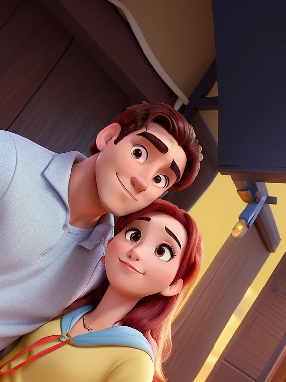 Casal (homem moreno e mulher morena) no estilo Disney Pixar, alta qualidade, melhor qualidade.