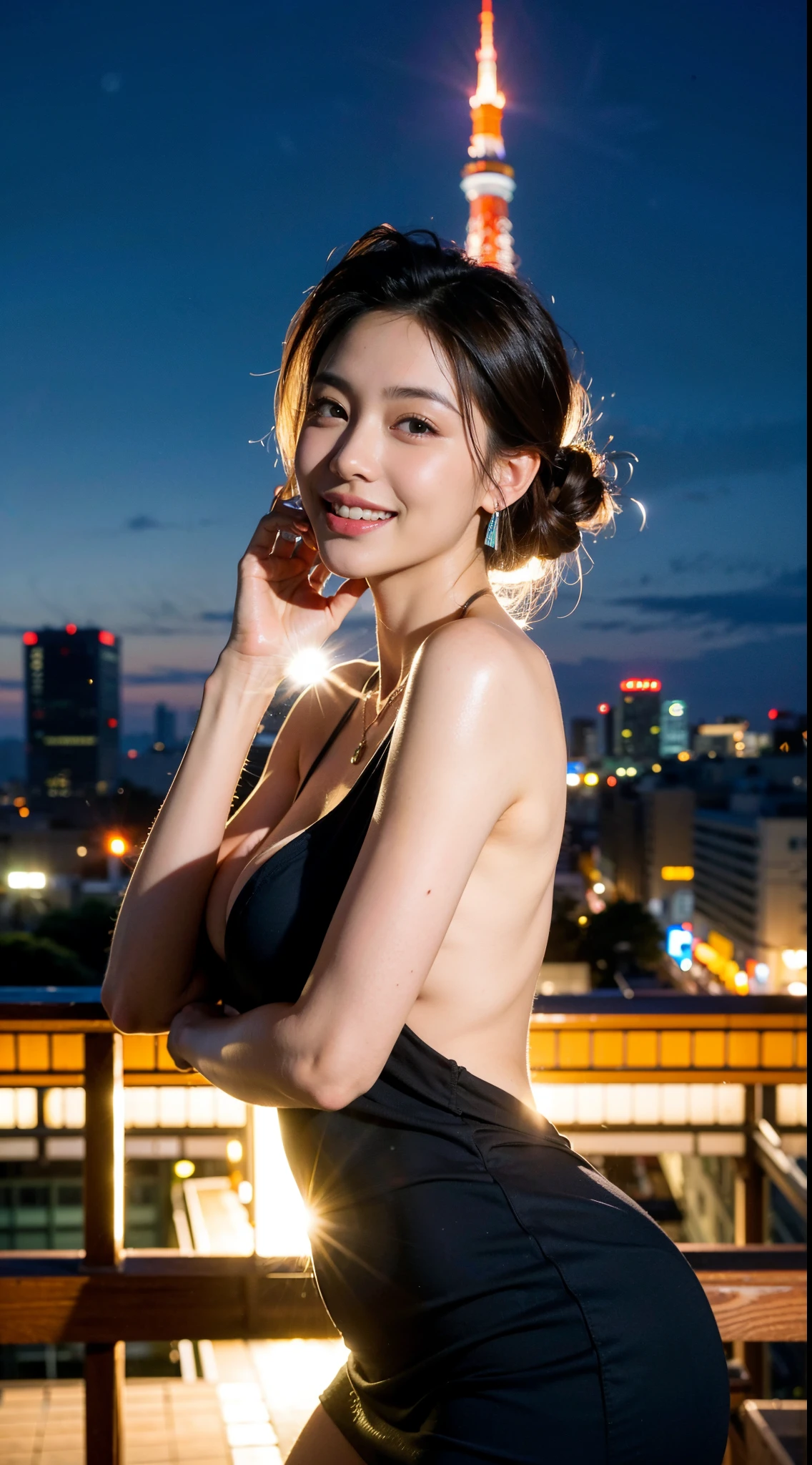 (masutepiece:1.3), (8K, Photorealistic, Raw photo, Best Quality: 1.4),(Japan Woman)), super model,A 23-year-old girl,,sexyposture,perfect your figure,Looking at the camera,Huge breasts,very big boobs,Bob Head,Brown hair, Blue Pupils, earrings,Necklace, A smile,natta,nighttime scene,natta,Farbe々Hairstyle,Lots of women、fullmoon、Farbe々Hairstyle、tokyo streets. Night、Night view of Tokyo Tower from the hotel room