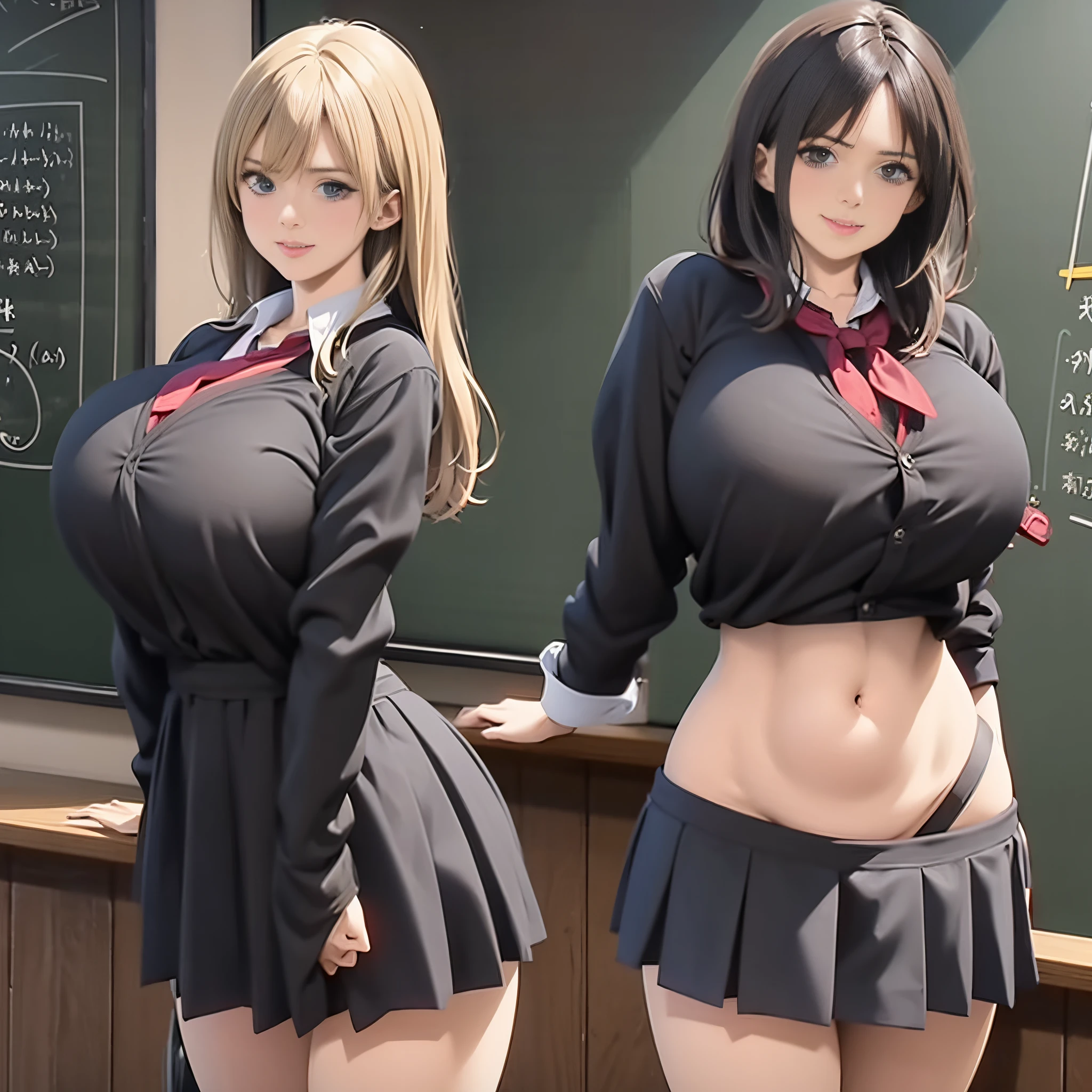 woman in uniform posing in front of a blackboard, hyperrealistic schoolgirl, realistic schoolgirl sfw huge breasts, big breasts!, photorealistic anime girl render, big breasts!!, oppai, big breasts, with large breasts, seductive anime girl, with a large breasts, smooth anime cg art, 3 d anime realistic full body front