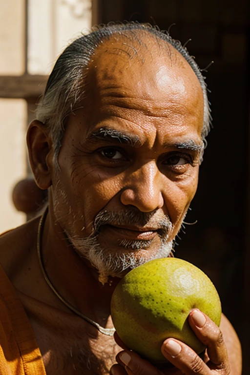 old man indian hairy monk holding a mango in his hand close to his face