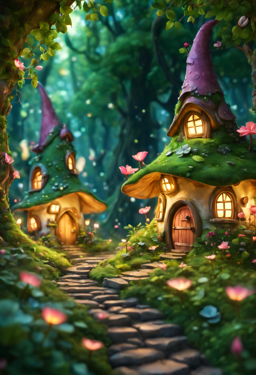 In a secluded glade nestled within an ancient forest, a charming fairy village comes to life, luminescent dwellings adorned with petals and leaves dot the landscape, while tiny pathways wind through the verdant surroundings, sparkle, glowing light, super detail, highres, best quality, 16k, (Surreal,A high resolution,4K,tmasterpiece:1.2),(vivd colour,bokeh,Artistic lighting)