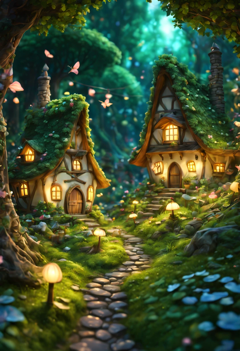 In a secluded glade nestled within an ancient forest, a charming fairy village comes to life, luminescent dwellings adorned with petals and leaves dot the landscape, while tiny pathways wind through the verdant surroundings, sparkle, glowing light, super detail, highres, best quality, 16k, (Surreal,A high resolution,4K,tmasterpiece:1.2),(vivd colour,bokeh,Artistic lighting)