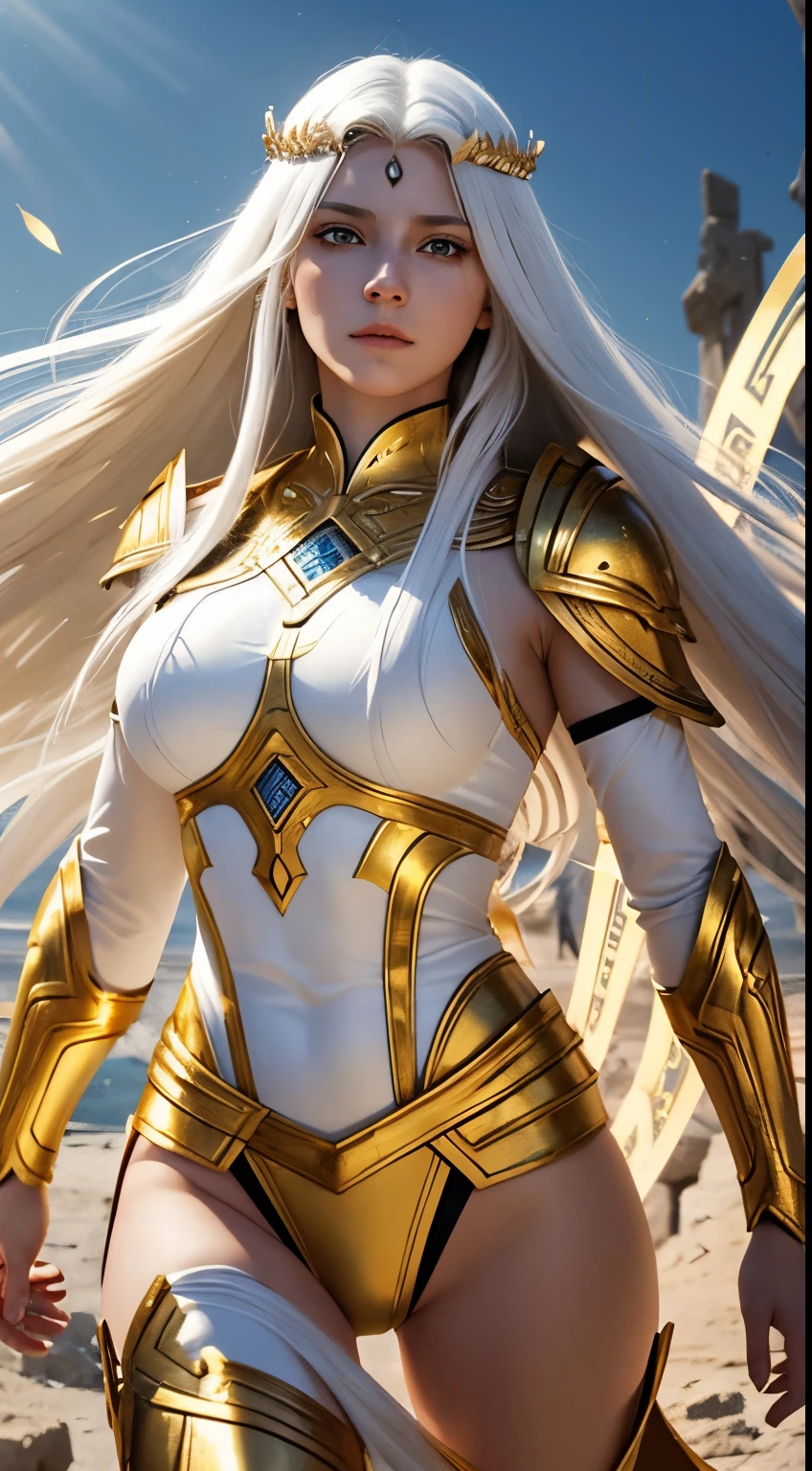 A beautiful warrior woman, with long white hair and yellow eyes, wearing white and gold Greek Zeus armor with several yellow rays running across her body