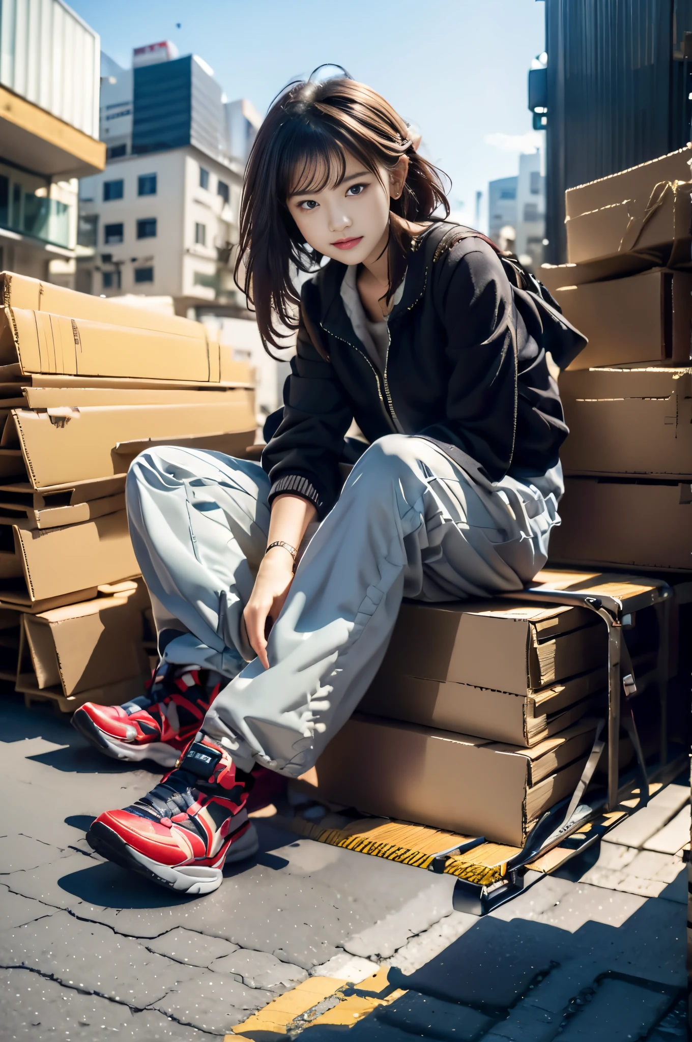 (1girl, solo), (masterpiece:0.0), (official art,best quality:1.3), realistic, Ultra Detailed, sharp focus, full color, (beautiful detailed eyes:1.1), (Depth-of-field:1.0), (super fine-illustration:1.0), BREAK,
(girl:1.2), Shiny hair, short hair, shiny skin, (exposed skin:0.8), (Sparkling eyes:0.0), (loud laughter:1.1),
(mecha musume:0.8), (mecha suit:0.8), looking away, (squat:0.5), (sitting:0.0),
(rampage:0.5), (destruction:0.8), skyscraper, city, gts, giantess, tall female, tailler than building, (full body shot:0.0), none