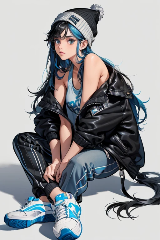 Hope has long, wavy loose black hair, blue eyeshadow, and tan skin. She wears a gray star tank-top underneath a black leather jacket, a blue knit hat, black and white pinstriped pants, and light blue sneakers with white accents, laces, and soles.