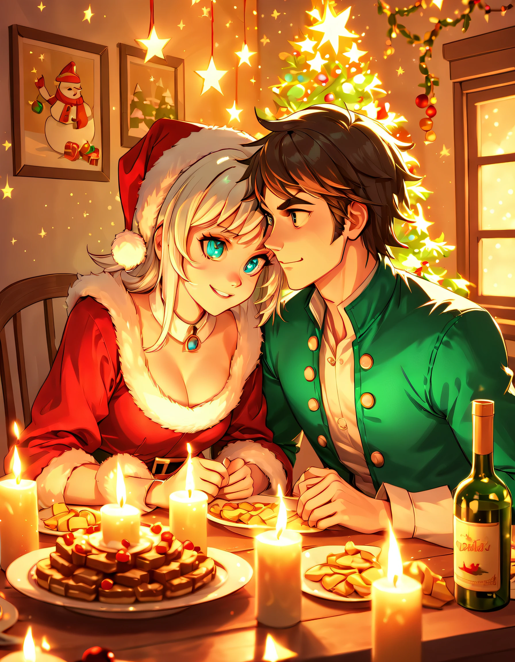 (closeup cleavage: 1.8), ((Best quality at best, 8K, A high resolution, tmasterpiece:1.2), ultra - detailed, (actual, realistically:1.37), vivd colour, magical ambiance, Whimsical, ((The room is full of stars,stars shining bright)),((Vector illustration style)), The room is decorated with a strong Christmas atmosphere. A string of shining colored lights hangs on the wall, Christmas wreath and little snowman on windowsill, In the corner of the room stands a beautifully decorated Christmas tree. On a table, There are beautiful cutlery and red plates. In the center of the table, Have a sumptuous Christmas feast, Next to it is a bottle of red wine and two exquisite wine glasses. (((A male and female couple wearing Christmas costumes cuddling together))), Smiling and looking at each other,Eyes full of happiness and warmth. There are several scented candles lit in the room, It exudes a light fragrance. Warm fire burning in the fireplace, Brings warmth and comfort to the entire room, Surreal, Psychedelic, Complicated details, Beautiful texture, Ethereal, like a dream, Soft glowing light, Charming Patterns, fantastical creature, Hidden surprises, dreamlike landscapes, Surreal color palette, Mystic aura, hyper realisitc, Enchanting journey, psychedelic trip, vivid imagination, immersive experience, Mysterious Christmas, otherworldly charm, glowing paths, Light up a magical Christmas, surreal sky, Whimsical themed festivals, a magical encounter, Fascinating artwork, Elegantly silhouetted against a celestial backdrop of epic trance waves, The moonlight is ethereal and vibrant, fantasy broken glass shades, Draw multiple strong exposure effects, matte painting photo painting, Stunningly superior clarity and unparalleled clarity, Stunning details that look almost unrealistic, Stunning details that are extremely captivating, Stroking technique,exquisitedetails,Very unreal, Amazing brushstroke skills, Exquisite details are unrealistic, Gel ink craft dark teal multicolor, Crazy beautiful light, Add eye-catching high-contrast scenes, Overall stunning and beautiful, The entire process was very accurate and detailed, (Medieval ninja style gouache masterpiece:1.1), Crazy glowing hair, (Mysterious sci-fi paint:1.1)