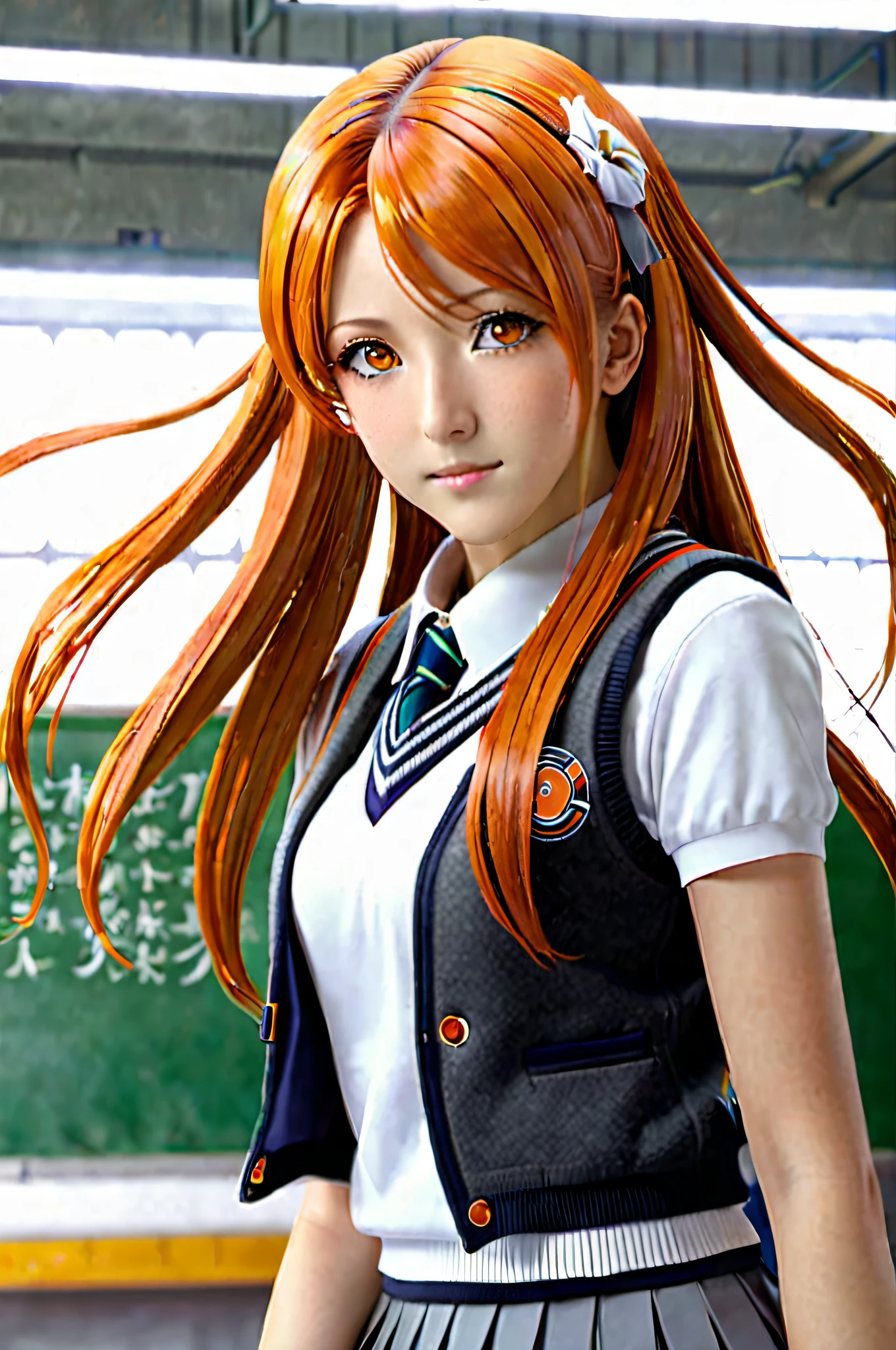 (best quality, ultra detailed, masterpiece), inoue orihime, orange hair, long hair, gray eyes, school uniform, hair ornament, sweater vest, pleated skirt, detalied background, school background, looking at the viewer, photorealistic, cyberpunk, large breasts