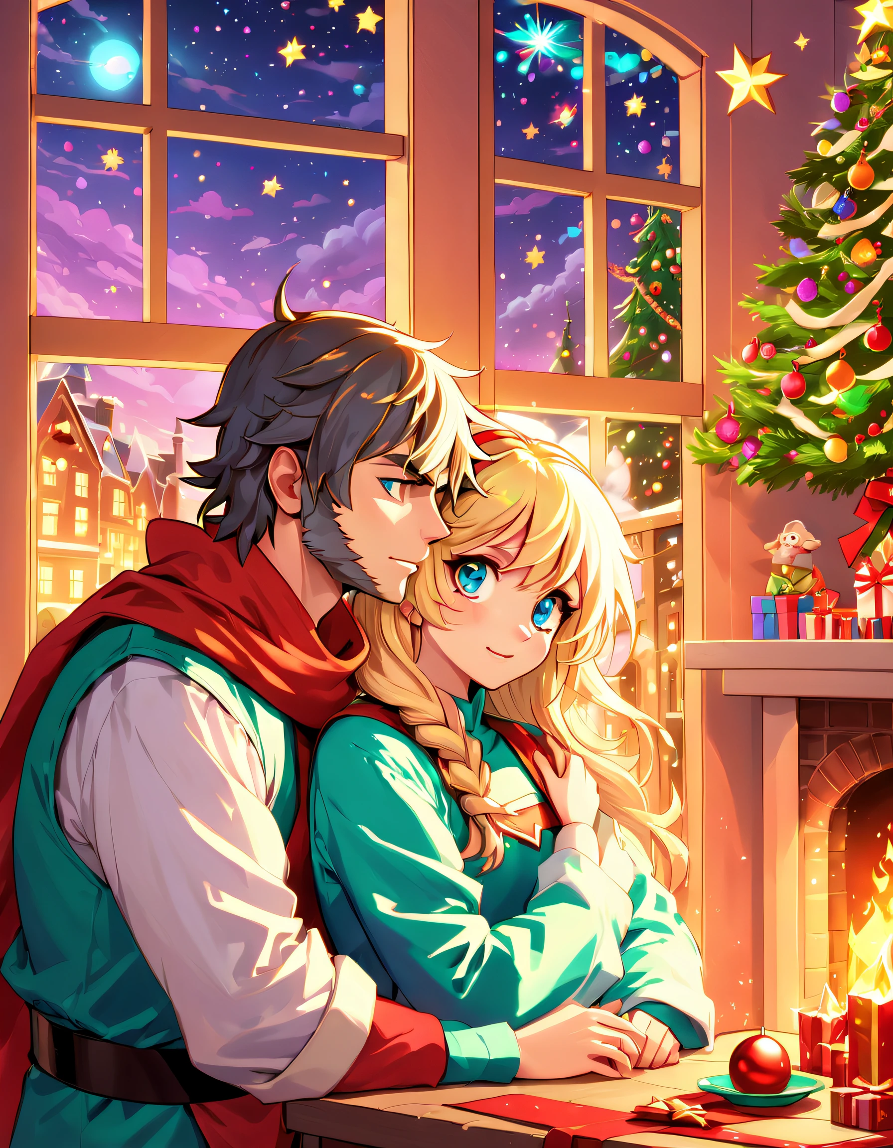 (closeup cleavage: 1.8), ((Best quality at best, 8K, A high resolution, tmasterpiece:1.2), ultra - detailed, (actual, realistically:1.37), vivd colour, magical ambiance, Whimsical, ((The room is full of stars，stars shining bright))，((Vector illustration style)), The room is decorated with a strong Christmas atmosphere. A string of shining colored lights hangs on the wall, Christmas wreath and little snowman on windowsill, In the corner of the room stands a beautifully decorated Christmas tree. On a table, There are beautiful cutlery and red plates. In the center of the table, Have a sumptuous Christmas feast, Next to it is a bottle of red wine and two exquisite wine glasses. (((A male and female couple wearing Christmas costumes cuddling together))), Smiling and looking at each other，Eyes full of happiness and warmth. There are several scented candles lit in the room, It exudes a light fragrance. Warm fire burning in the fireplace, Brings warmth and comfort to the entire room, Surreal, Psychedelic, Complicated details, Beautiful texture, Ethereal, like a dream, Soft glowing light, Charming Patterns, fantastical creature, Hidden surprises, dreamlike landscapes, Surreal color palette, Mystic aura, hyper realisitc, Enchanting journey, psychedelic trip, vivid imagination, immersive experience, Mysterious Christmas, otherworldly charm, glowing paths, Light up a magical Christmas, surreal sky, Whimsical themed festivals, a magical encounter, Fascinating artwork, Elegantly silhouetted against a celestial backdrop of epic trance waves, The moonlight is ethereal and vibrant, fantasy broken glass shades, Draw multiple strong exposure effects, matte painting photo painting, Stunningly superior clarity and unparalleled clarity, Stunning details that look almost unrealistic, Stunning details that are extremely captivating, Stroking technique，exquisitedetails，Very unreal, Amazing brushstroke skills, Exquisite details are unrealistic, Gel ink craft dark teal multicolor, Crazy beautiful light, Add eye-catching high-contrast scenes, Overall stunning and beautiful, The entire process was very accurate and detailed, (Medieval ninja style gouache masterpiece:1.1), Crazy glowing hair, (Mysterious sci-fi paint:1.1)