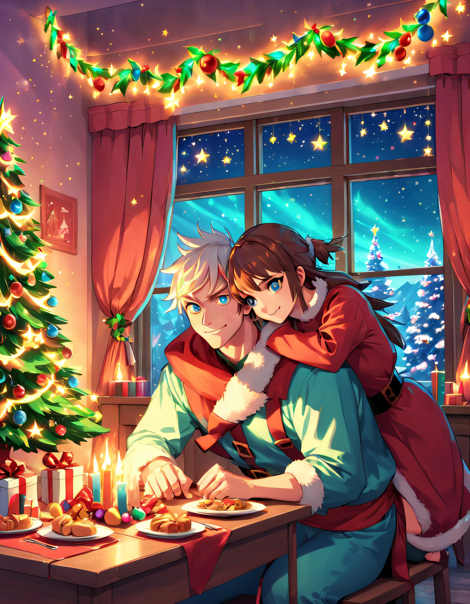 (closeup cleavage: 1.8), ((Best quality at best, 8K, A high resolution, tmasterpiece:1.2), ultra - detailed, (actual, realistically:1.37), vivd colour, magical ambiance, Whimsical, ((The room is full of stars，stars shining bright))，((Vector illustration style)), The room is decorated with a strong Christmas atmosphere. A string of shining colored lights hangs on the wall, Christmas wreath and little snowman on windowsill, In the corner of the room stands a beautifully decorated Christmas tree. On a table, There are beautiful cutlery and red plates. In the center of the table, Have a sumptuous Christmas feast, Next to it is a bottle of red wine and two exquisite wine glasses. (((A male and female couple wearing Christmas costumes cuddling together))), Smiling and looking at each other，Eyes full of happiness and warmth. There are several scented candles lit in the room, It exudes a light fragrance. Warm fire burning in the fireplace, Brings warmth and comfort to the entire room, Surreal, Psychedelic, Complicated details, Beautiful texture, Ethereal, like a dream, Soft glowing light, Charming Patterns, fantastical creature, Hidden surprises, dreamlike landscapes, Surreal color palette, Mystic aura, hyper realisitc, Enchanting journey, psychedelic trip, vivid imagination, immersive experience, Mysterious Christmas, otherworldly charm, glowing paths, Light up a magical Christmas, surreal sky, Whimsical themed festivals, a magical encounter, Fascinating artwork, Elegantly silhouetted against a celestial backdrop of epic trance waves, The moonlight is ethereal and vibrant, fantasy broken glass shades, Draw multiple strong exposure effects, matte painting photo painting, Stunningly superior clarity and unparalleled clarity, Stunning details that look almost unrealistic, Stunning details that are extremely captivating, Stroking technique，exquisitedetails，Very unreal, Amazing brushstroke skills, Exquisite details are unrealistic, Gel ink craft dark teal multicolor, Crazy beautiful light, Add eye-catching high-contrast scenes, Overall stunning and beautiful, The entire process was very accurate and detailed, (Medieval ninja style gouache masterpiece:1.1), Crazy glowing hair, (Mysterious sci-fi paint:1.1)