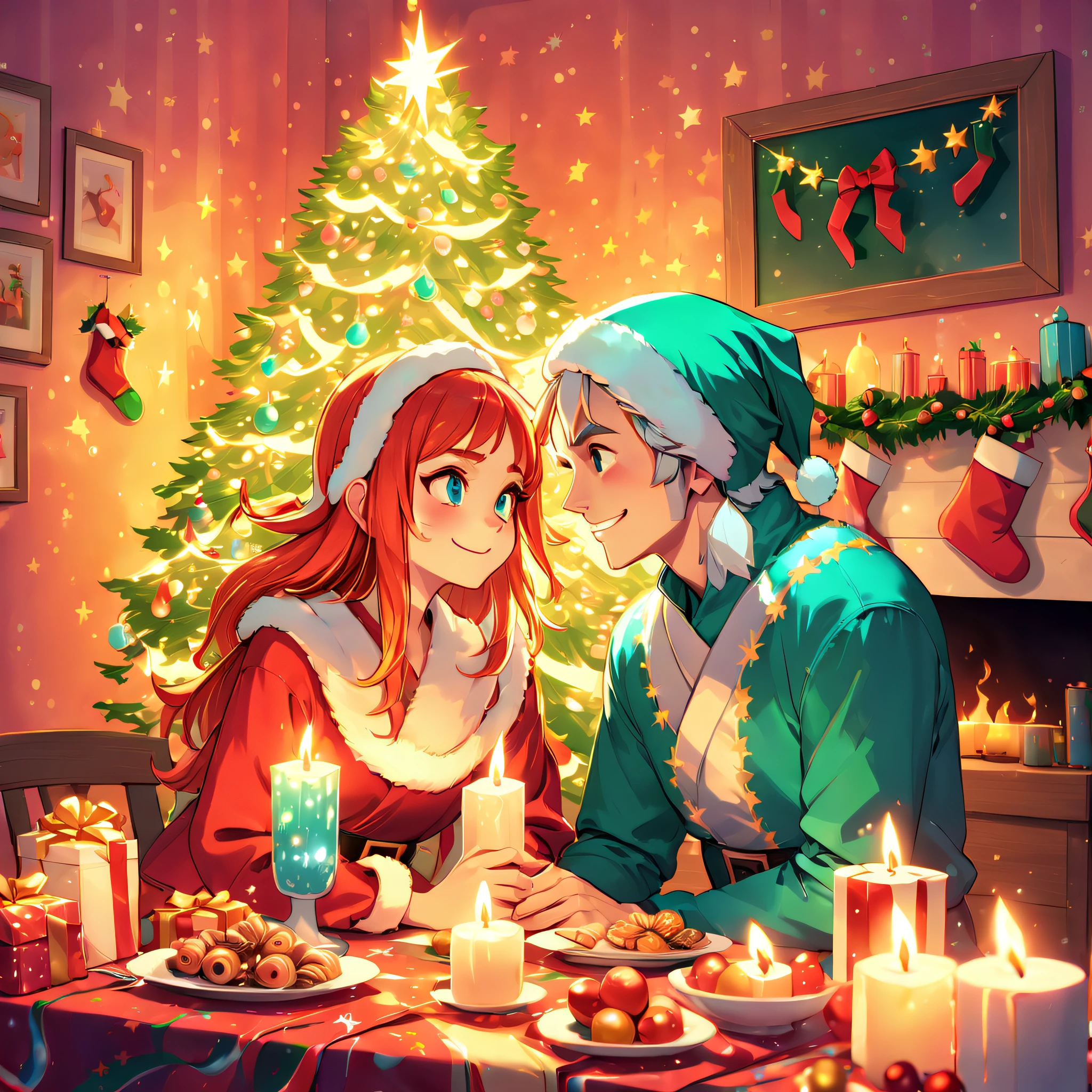 (Best quality, 8K, A high resolution, tmasterpiece:1.2), ultra - detailed, (actual, realistically:1.37), Vibrant colors, Magical atmosphere, Whimsical, ((sky full of stars，The North Star shines))，(((Use an illustration style), The room is decorated with a strong Christmas atmosphere. A string of shining colored lights hangs on the wall, Christmas wreath and little snowman on the windowsill, In the corner of the room stands a beautifully decorated Christmas tree. On a table, There are beautiful cutlery and red plates. In the center of the table, Have a sumptuous Christmas feast, Next to it is a bottle of red wine and two exquisite wine glasses. ((A boy wearing a cute Santa hat, A girl wearing a cute Santa Claus costume, They snuggle together)), Smiling and looking at each other，Eyes full of happiness and warmth. There are several scented candles lit in the room, It exudes a faint fragrance. Warm fire burning in the fireplace, Brings warmth and comfort to the entire room, Surreal, Psychedelic, Complicated details, Beautiful texture, Ethereal, like a dream, Soft glowing light, Charming Patterns, Fantasy creatures, Hidden surprises, dreamlike landscapes, Surreal color palette, Mystic aura, hyper realisitc, Enchanting journey, psychedelic trip, vivid imagination, immersive experience, Mysterious Christmas, otherworldly charm, glowing paths, Light up a magical Christmas, surreal sky, Whimsical themed festivals, a magical encounter, Fascinating artwork，(Ghibli-style colors, first person perspective, hyper HD, tmasterpiece, acurate, Anatomically correct, ctextured skin, super detailing, high detal, high qulity, Award-Awarded, Best quality at best, 8K)