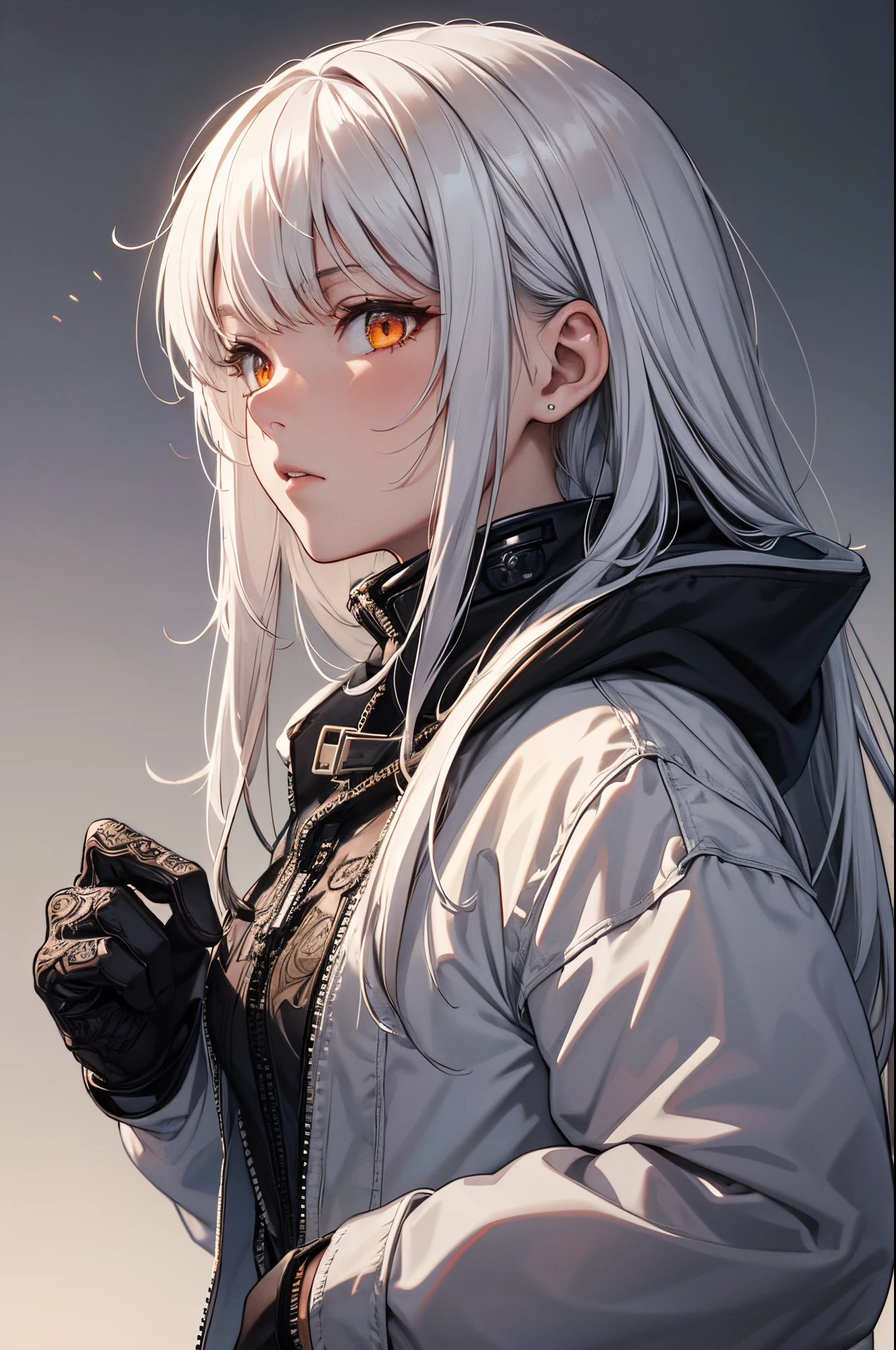 style of Tsutomu Nihei,(incredibly absurdres, (high resolution:1.18), intricate detail, (masterpiece:1.1), (highest quality:1.1), absurdres),(1girl, portrait, white hair, orange eyes, long hair, detailed eyes),