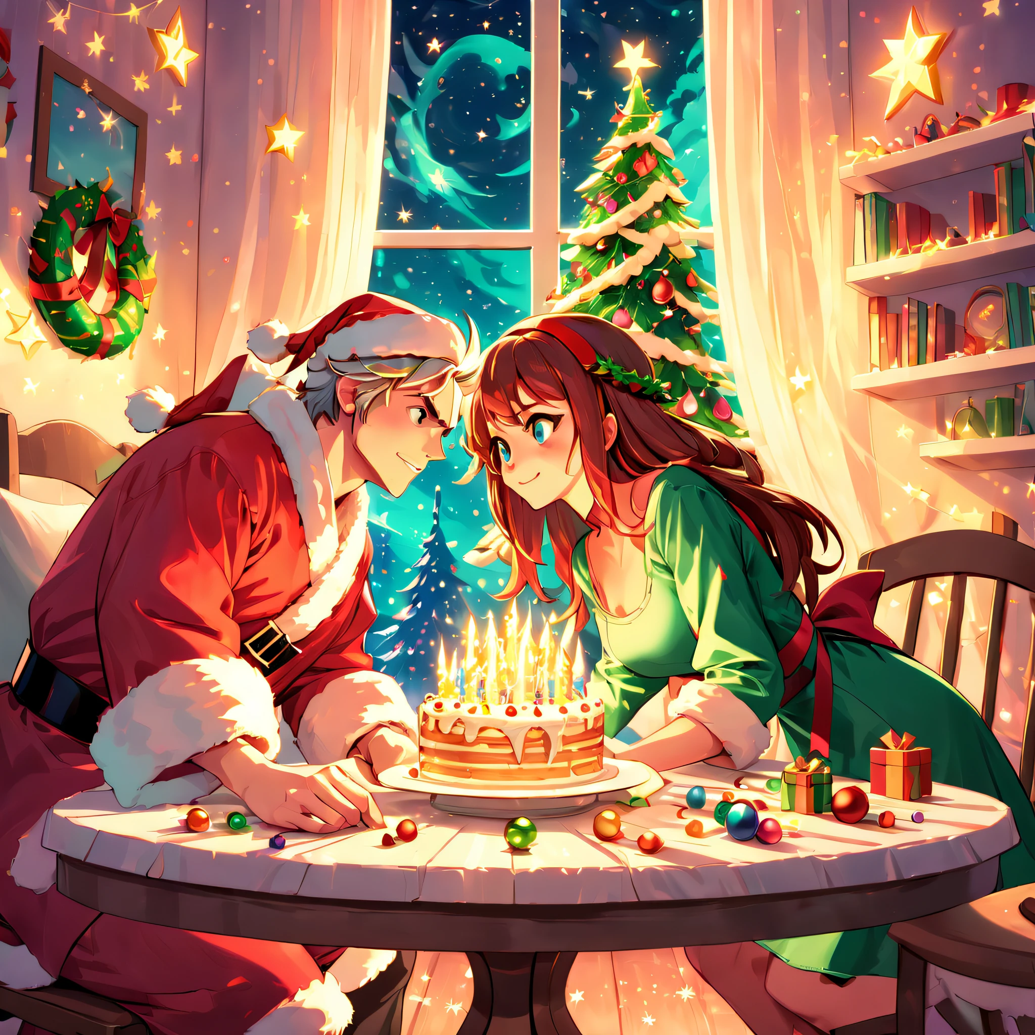 (Best quality, 8K, A high resolution, tmasterpiece:1.2), ultra - detailed, (actual, realistically:1.37), Vibrant colors, Magical atmosphere, Whimsical, ((sky full of stars，The North Star shines))，(((Use an illustration style), The room is decorated with a strong Christmas atmosphere. A string of shining colored lights hangs on the wall, Christmas wreath and little snowman on the windowsill, In the corner of the room stands a beautifully decorated Christmas tree. On a table, There are beautiful cutlery and red plates. In the center of the table, Have a sumptuous Christmas feast, Next to it is a bottle of red wine and two exquisite wine glasses. ((A boy wearing a cute Santa hat, A girl wearing a cute Santa Claus costume, They snuggle together)), Smiling and looking at each other，Eyes full of happiness and warmth. There are several scented candles lit in the room, It exudes a faint fragrance. Warm fire burning in the fireplace, Brings warmth and comfort to the entire room, Surreal, Psychedelic, Complicated details, Beautiful texture, Ethereal, like a dream, Soft glowing light, Charming Patterns, Fantasy creatures, Hidden surprises, dreamlike landscapes, Surreal color palette, Mystic aura, hyper realisitc, Enchanting journey, psychedelic trip, vivid imagination, immersive experience, Mysterious Christmas, otherworldly charm, glowing paths, Light up a magical Christmas, surreal sky, Whimsical themed festivals, a magical encounter, Fascinating artwork，(Ghibli-style colors, first person perspective, hyper HD, tmasterpiece, acurate, Anatomically correct, ctextured skin, super detailing, high detal, high qulity, Award-Awarded, Best quality at best, 8K)