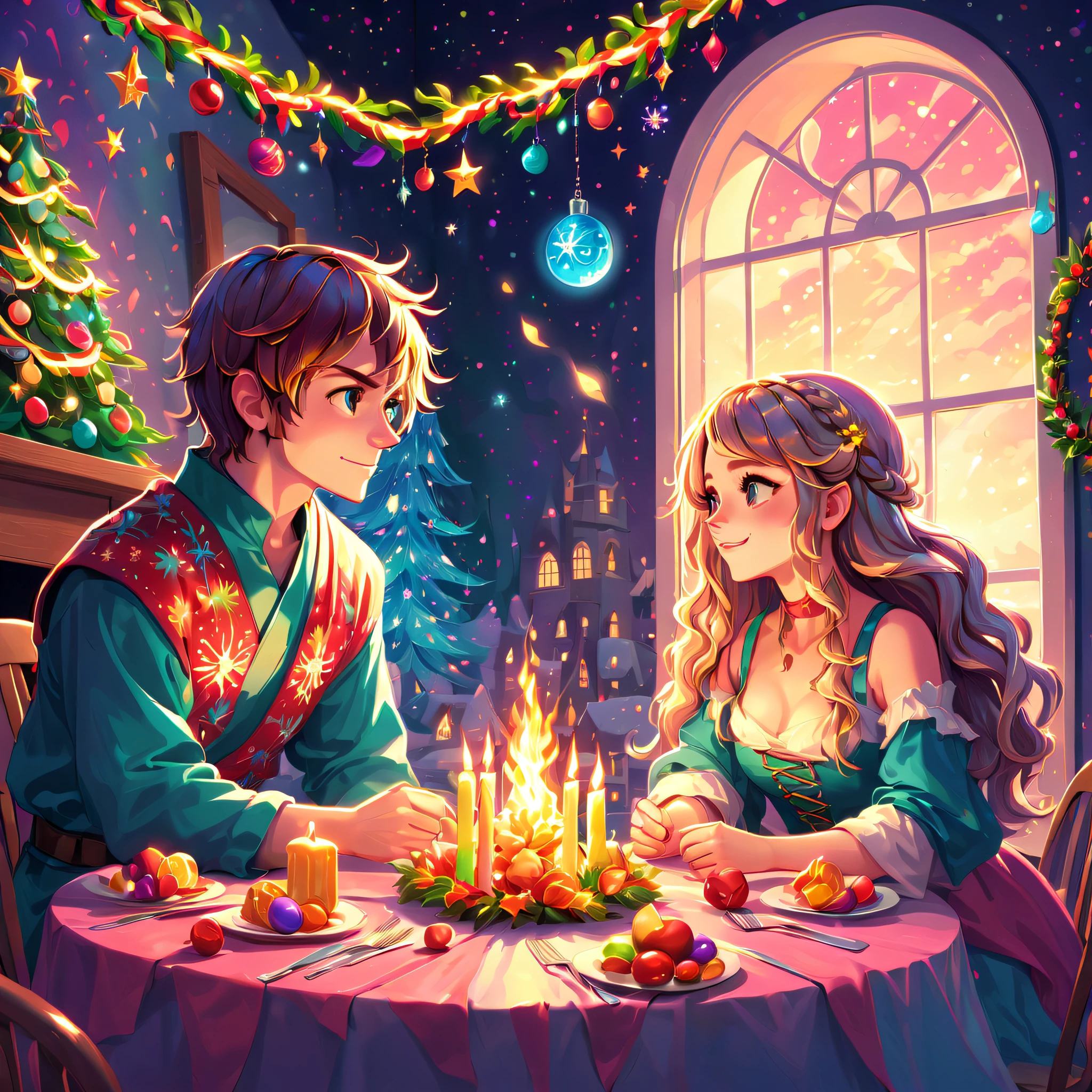 ((Best quality at best, 8K, A high resolution, tmasterpiece:1.2), ultra - detailed, (actual, realistically:1.37), vivd colour, magical ambiance, Whimsical, ((The room is full of stars，stars shining bright))，((Vector illustration style)), The room is decorated with a strong Christmas atmosphere. A string of shining colored lights hangs on the wall, Christmas wreath and little snowman on windowsill, In the corner of the room stands a beautifully decorated Christmas tree. On a table, There are beautiful cutlery and red plates. In the center of the table, Have a sumptuous Christmas feast, Next to it is a bottle of red wine and two exquisite wine glasses. (((A male and female couple wearing Christmas costumes cuddling together))), Smiling and looking at each other，Eyes full of happiness and warmth. There are several scented candles lit in the room, It exudes a light fragrance. Warm fire burning in the fireplace, Brings warmth and comfort to the entire room, Surreal, Psychedelic, Complicated details, Beautiful texture, Ethereal, like a dream, Soft glowing light, Charming Patterns, fantastical creature, Hidden surprises, dreamlike landscapes, Surreal color palette, Mystic aura, hyper realisitc, Enchanting journey, psychedelic trip, vivid imagination, immersive experience, Mysterious Christmas, otherworldly charm, glowing paths, Light up a magical Christmas, surreal sky, Whimsical themed festivals, a magical encounter, Fascinating artwork, Elegantly silhouetted against a celestial backdrop of epic trance waves, The moonlight is ethereal and vibrant, fantasy broken glass shades, Draw multiple strong exposure effects, matte painting photo painting, Stunningly superior clarity and unparalleled clarity, Stunning details that look almost unrealistic, Stunning details that are extremely captivating, Stroking technique，exquisitedetails，Very unreal, Amazing brushstroke skills, Exquisite details are unrealistic, Gel ink craft dark teal multicolor, Crazy beautiful light, Add eye-catching high-contrast scenes, Overall stunning and beautiful, The entire process was very accurate and detailed, (Medieval ninja style gouache masterpiece:1.1), Crazy glowing hair, (Mysterious sci-fi paint:1.1),