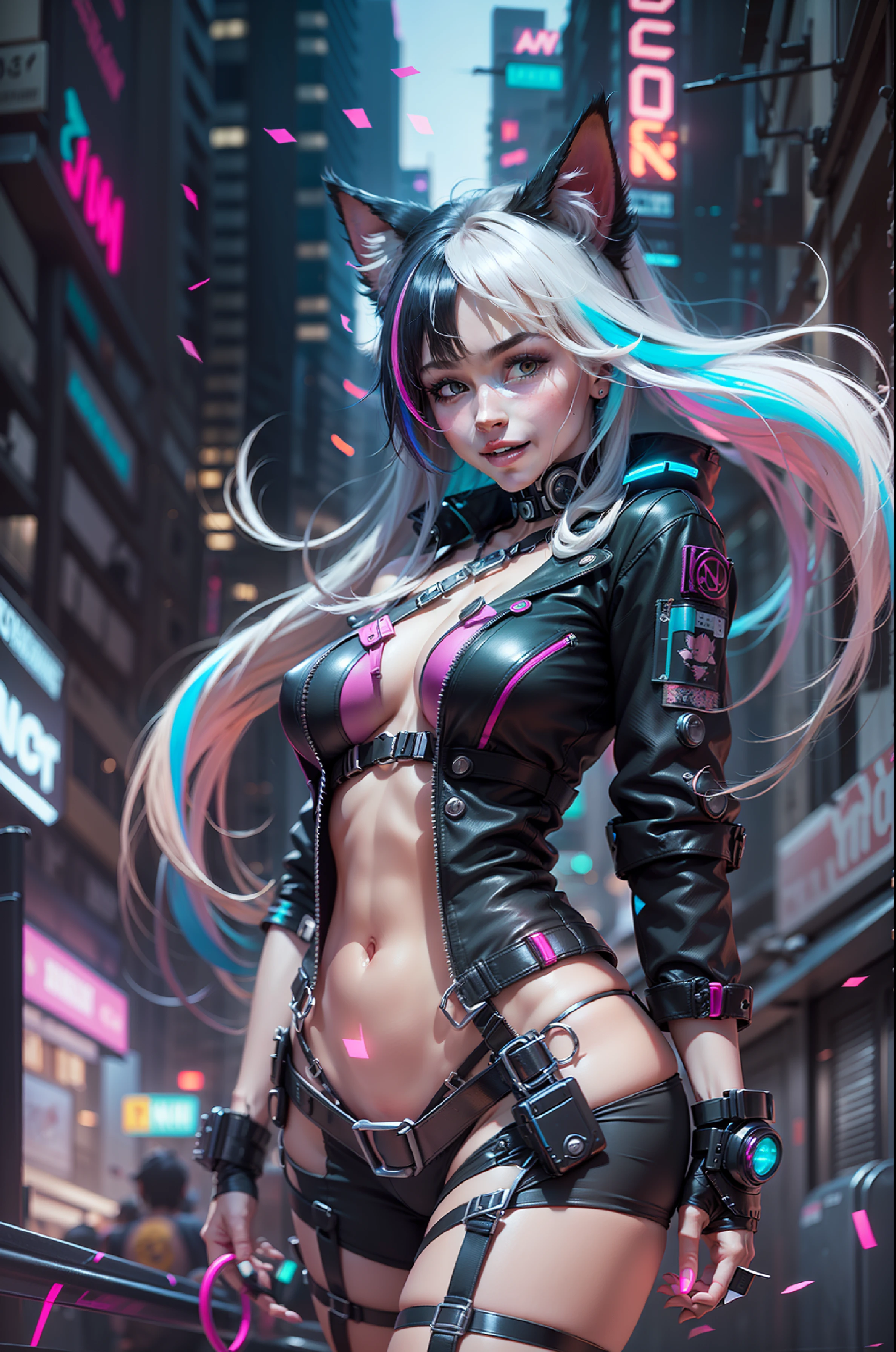 (Foto RAW, best quality, master part:1.2), (Realistic, photo-realistic:1.4),(master part:1.4),(best quality:1.4), ((gato cyberpunk sexy bonito)), ((corpo esguio)), seios grandes, :d, (franja), corar, ((arreio corporal colorido)), ((dynamic pose)), cowboy shot, (((fundo das ruas da cidade cyberpunk))), Hair Intake, ((cabelos longos e disformes)), detalhes em neon brilhantes, Olhando para o Viewer, Fechaduras laterais, sorrir, (((lacuna na coxa))), Coxas, Caudas duplas, cabelos muito longos, cabelos multicoloridos, Alice \(Aceno\),(pele brilhante),Realistic.