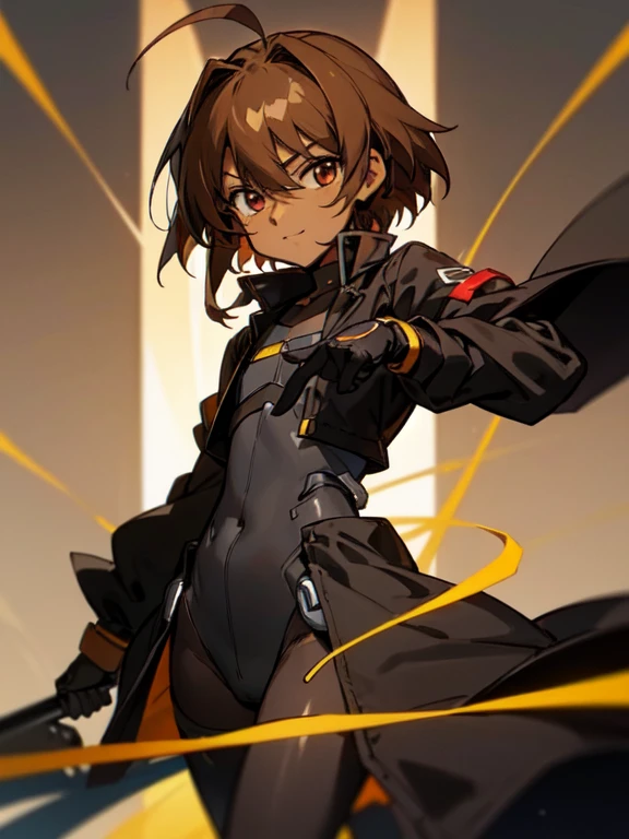 (((Dark skin))), (otokonoko), cute, young, (beautiful boy) (short dark brown hair with ahoge)), brown eye colour, flat chested) wearinagical Girl Lyrical Nanoha StrikerS: Vivio Takamachi long black barrier jacket black armoured bodysuit outfit black baggy legging black gloves, black trenchcoat, cute smile, close up