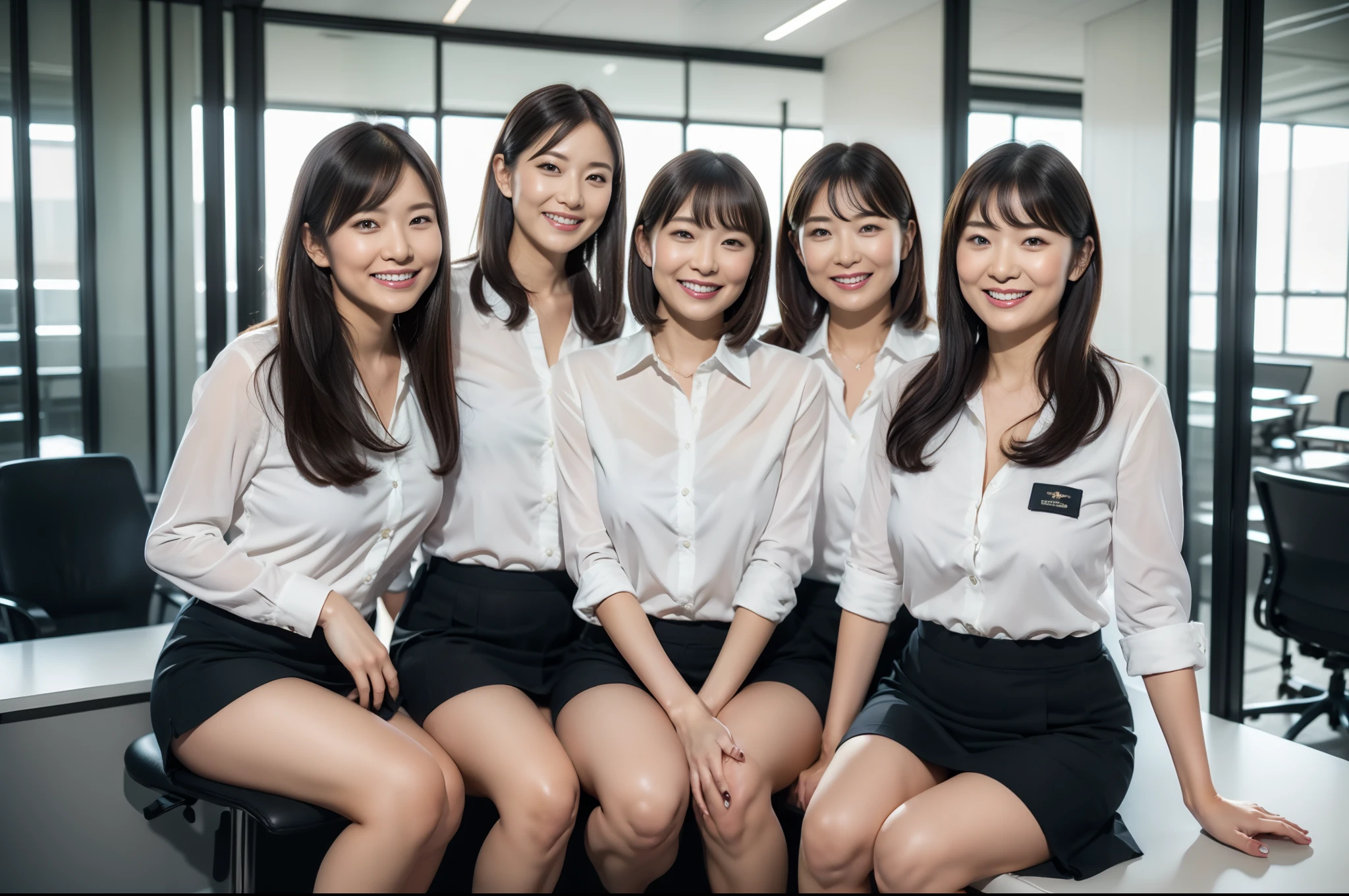 ((Best Quality, 8k, Masterpiecedetails, ultra-high resolution)), (group picture),(looking at the viewer), (full shot:), attractive business 3 milfs, people, a bit chubby:0.15, seductive expression, seductive underwear, (sitting with cross legs on office desks)), smile, office of CEO,