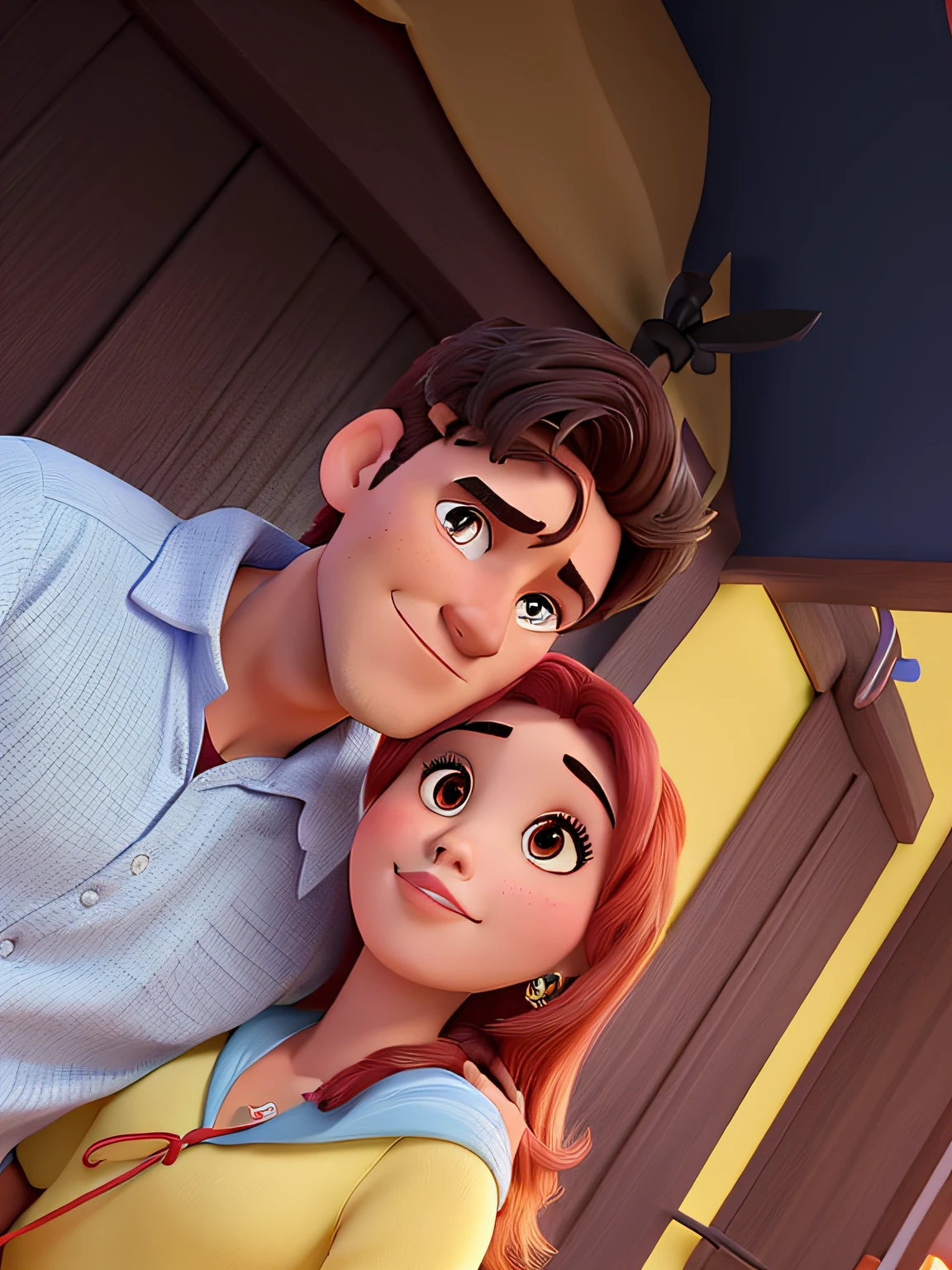 Casal (homem moreno e mulher morena) no estilo Disney Pixar, alta qualidade, melhor qualidade.