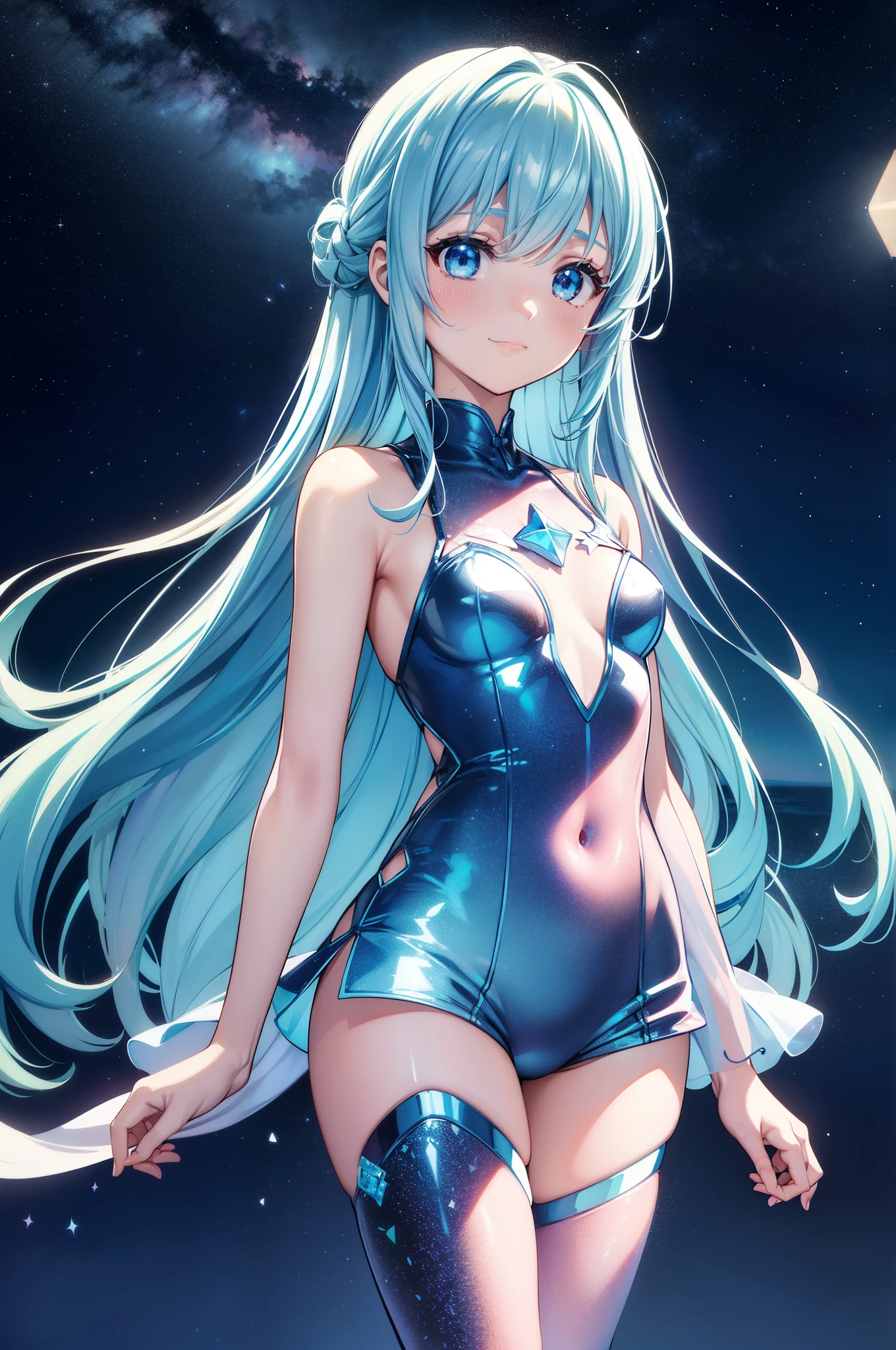 {{{masutepiece}}}, {{best qualtiy, An ultra-fine illustrations, beautifulanddelicatewater}}, {{very delicate light}}, {{Nature, Painting}}, {{Fine Lighting, More transparent stars, Very fine 8K PCG wallpaper}}, (plateau), Sunrise, randomly distributed clouds, cliff, ((Rotating starry sky)), Beautiful girl with long light blue hair with luminous particles、Twin-tailed、adorable smiling、facing front、Super Gloss Metallic Coral Rainbow Transparent Holographic Suit:1.2),Pink and white costume