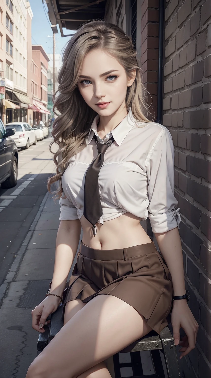 25-year-old Caucasian woman、Hair color is a gradient color、Eye color is blue、Semi-long、hair is wavy、I'm wearing eyeshadow and lipstick、wearing a hair band、accessories on wrist、Slender but well-proportioned muscular body、The navel is visible、wearing a tie front shirt、She's wearing a low-rise mini pleated skirt.、I'm in an alley of brick buildings in an old western city、Sitting on a chair in an open cafe and drinking coffee、a smile、Looking at the camera