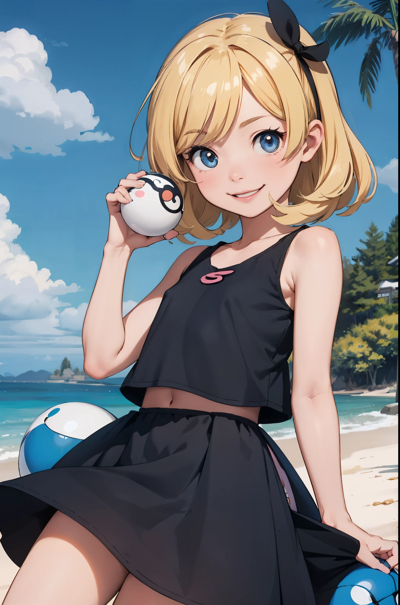 Perfect picture,,{A pokémon}{with pokemon }{hedonism},{Have a Poké Ball},8 years old girl,4K picture quality, Cinematic,,{Gamine},{small body and chest,,,,,,,,,,,} Longhaire,a blond,cute expression,face perfect,｛girl showing a smile｝