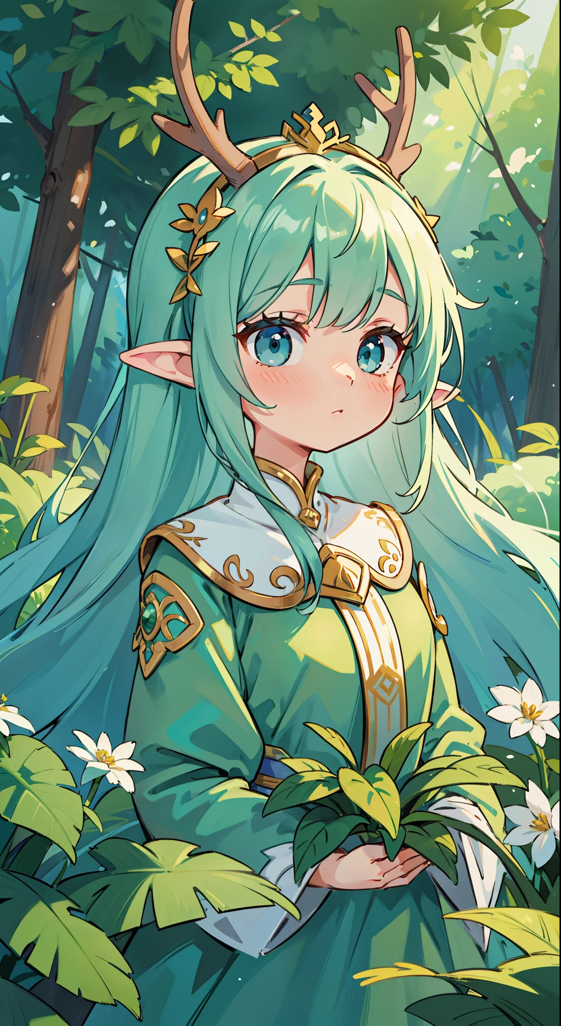 high high quality,masterpiece,Delicate facial features,Delicate hair,Delicate eyes,Delicate hair,animemanga girl,deer antlerlack color hair,florals, Dreamy style, Fantastic flower garden,fantasy style clothing,Romantic dress, beautiful and elegant elf queen, a beautiful fantasy empress, Fantasy art style, ((a beautiful fantasy empress)), Anime fantasy illustration, high priestess, fey queen of the summer forest, anime art nouveau, goddess of the forest, portrait of an elf queen, A beautiful artwork illustration,8K high quality detailed art(Delicate facial portrayal)(Fine hair depiction)(highest quality)(Master masterpieces)(High degree of completion)(a sense of atmosphere)8k wallpaper,tmasterpiece,Best quality at best,ultra - detailed