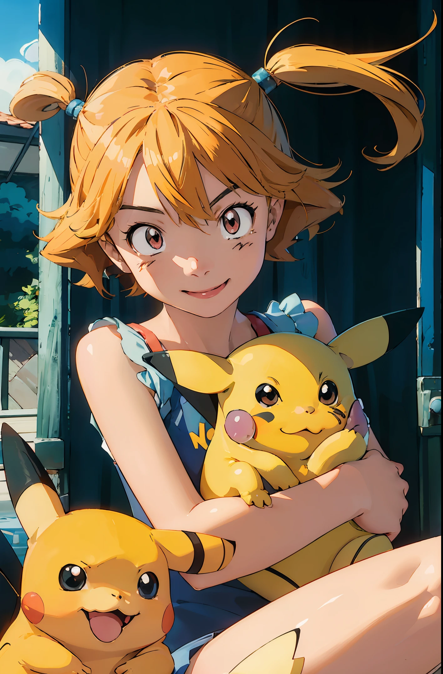 Perfect picture,,{Pokemon themed}{Pikachu }{hedonism},{Have a Poké Ball},8  girl,4K picture quality, Cinematic,,{Gamine},{small body and chest,,,,,,,,,,,,} Longhaire,a blond,cute expression,face perfect,｛girl showing a smile｝