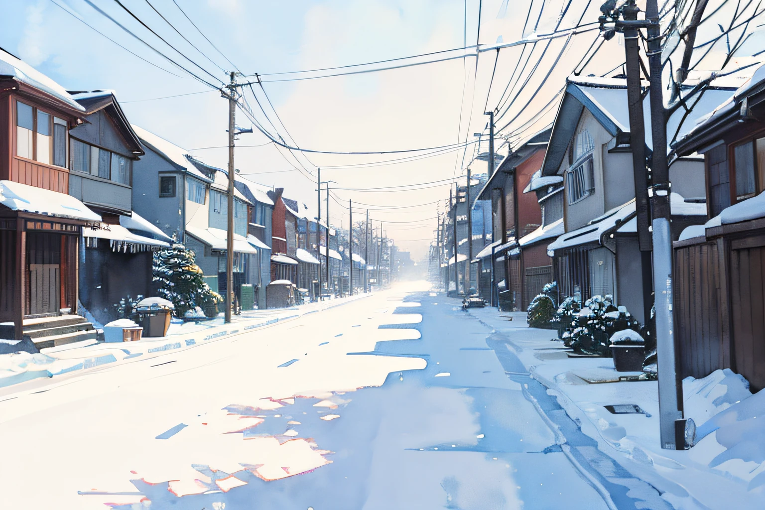 ((masutepiece)), (Professional Photography:1.2), (High Definition:1.3), Best Quality, (Watercolor painting:1.3), From Side, Wide Shot, Residential area, townscape, ( White background:1.10), Fine splashes of pale blue ink, landscape、Snow makeup