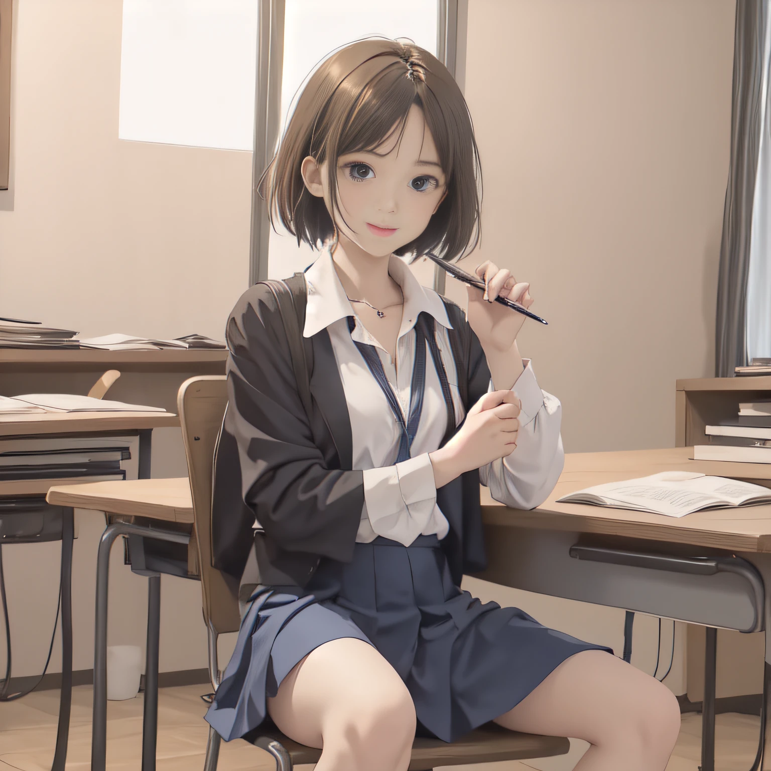 hightquality、masuter piece、8K、Photorealistic anime drawings、（(Girl sitting on chair in classroom:1.5、独奏)、14years、short-hair、Japan School Uniforms、Dark blue blazer、Dark blue skirt、white  shirt、confident facial expression)、It's on your desk.、Holding a pen in your hand