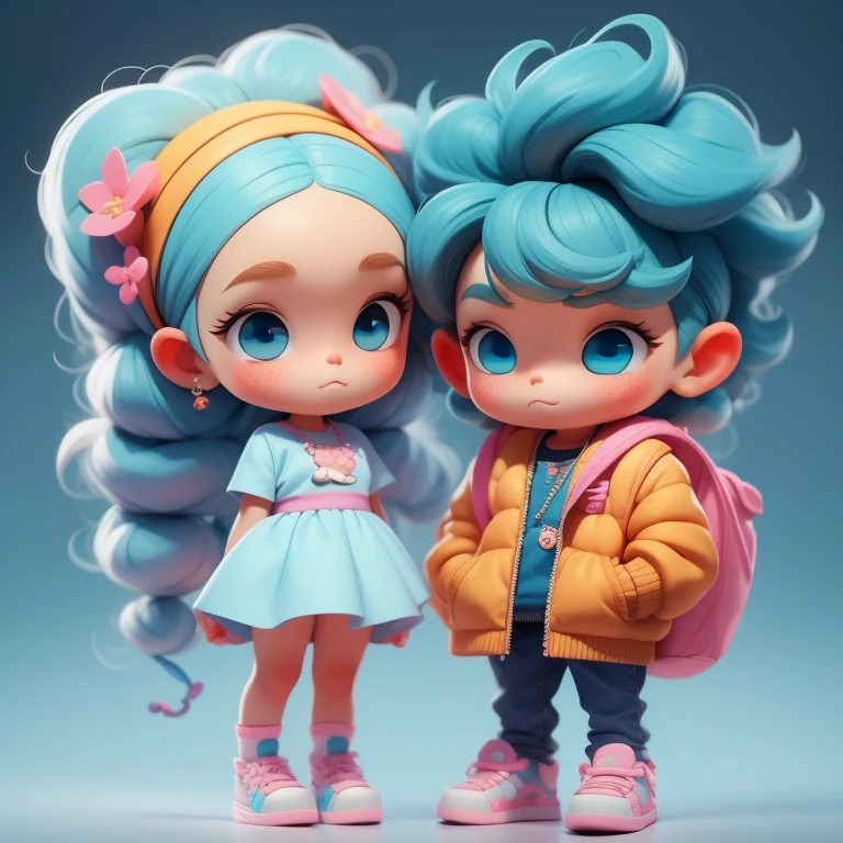Um and Uma Menina Bonitos, full entire body, Awesome cute hair accessories Popmart blind box, IP Design, Bright, clean 3D background., OC Display, 10, soft focus, Brilho Fino Super Detalhe --R 3:6 50 --q 2 --niji 5 --expressividade estilo --s 2