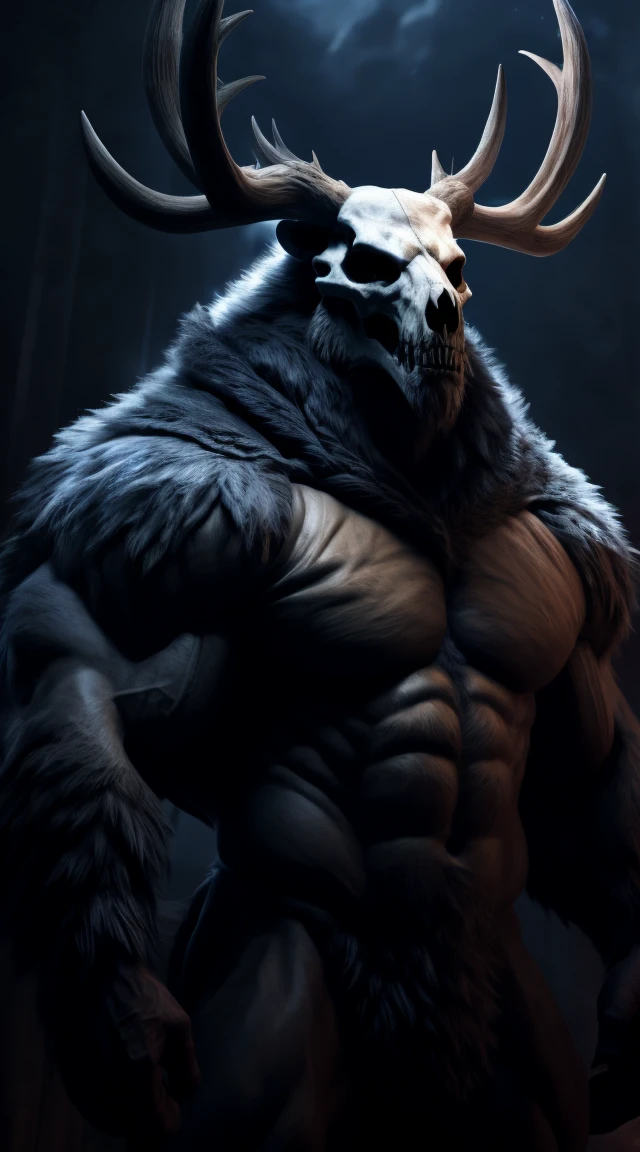 buff monster, muscular, abs, furry body, majestic fur mantle, wendigo skull, elk horns, muscular, giant, bear body, threatening, stands menacingly, wide body, muscular body, illustration, (best quality, 4k, highres, masterpiece:1.2), ultra-detailed, realistic, horror, sharp focus, vivid colors, nighttime lighting,