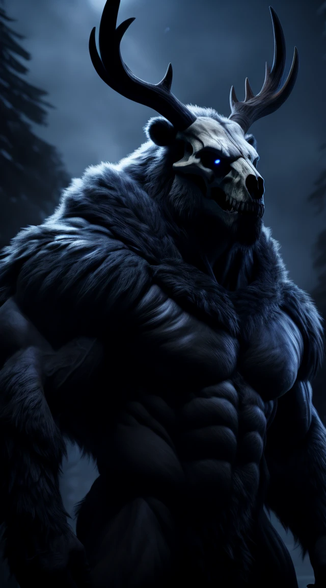 buff monster, muscular, abs, furry body, majestic fur mantle, wendigo skull, elk horns, muscular, giant, bear body, threatening, stands menacingly, wide body, muscular body, illustration, (best quality, 4k, highres, masterpiece:1.2), ultra-detailed, realistic, horror, sharp focus, vivid colors, nighttime lighting,