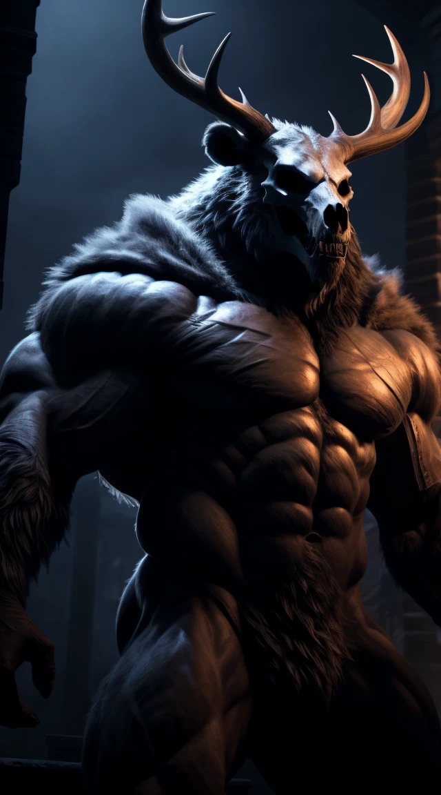 buff monster, muscular, abs, scales on body, majestic fur mantle, wendigo skull, elk horns, muscular, giant, bear body, threatening, stands menacingly, wide body, muscular body, illustration, (best quality, 4k, highres, masterpiece:1.2), ultra-detailed, realistic, horror, sharp focus, vivid colors, nighttime lighting,