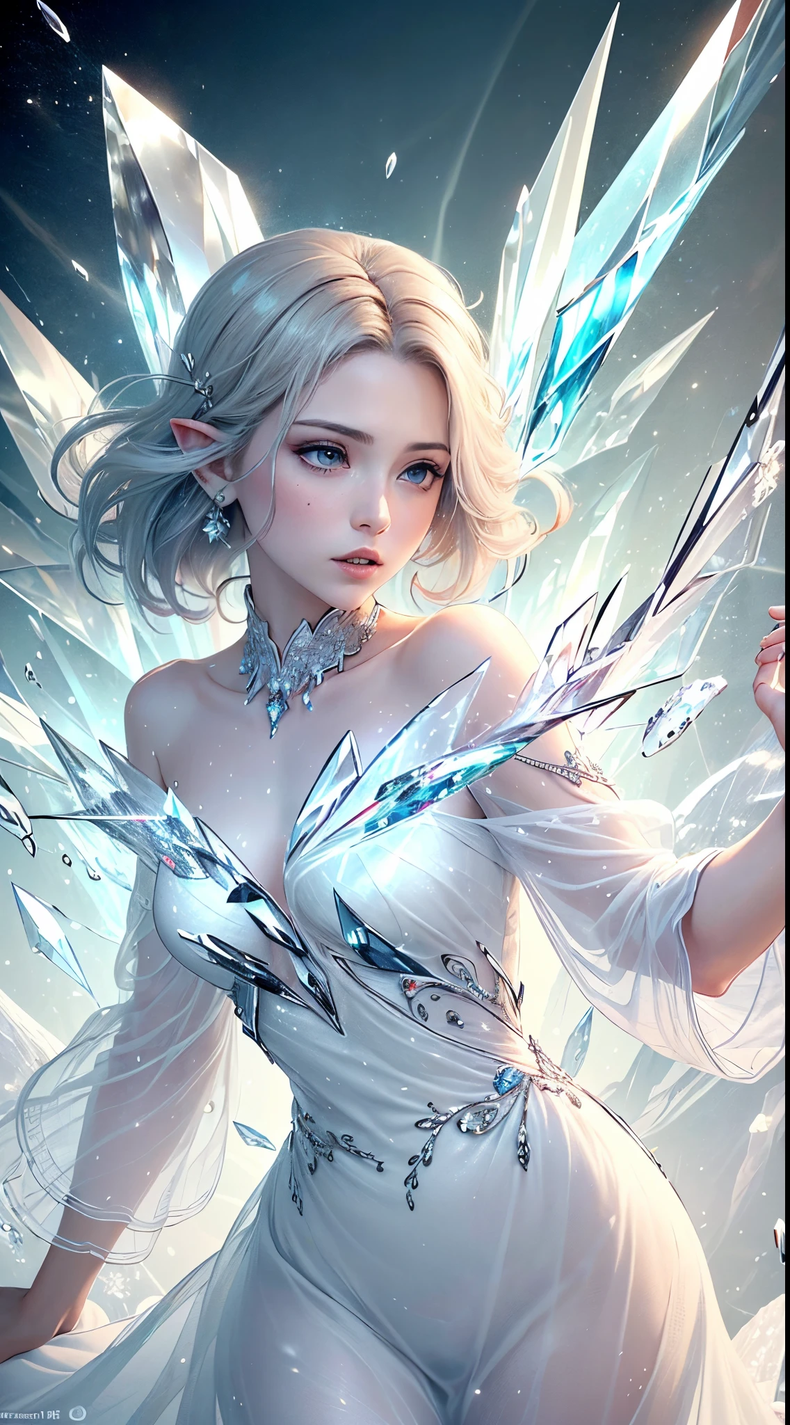 (Masterpiece, Top Quality, Best, Official Art, Beautiful and Aesthetic, Long Exposure: 1.2), Smooth Movement, Charming Patterns, 1 Girl, (Long Dress with Sleeves: 1.3), (((White Clothes) )), upper body close-up, bare shoulders, Chinese girl, blush, black lob hair, portrait, solo, upper body, looking at the observer, detailed background, detailed face, (crystallineAI, crystalline theme:1.1), elemental wind elves, rotation Wind, control the wind, white crystal clothing, dynamic pose, floating particles, ethereal dynamics, whirlwind, vapor, whirlwind in the background, white tone, whirlwind, ethereal atmosphere,