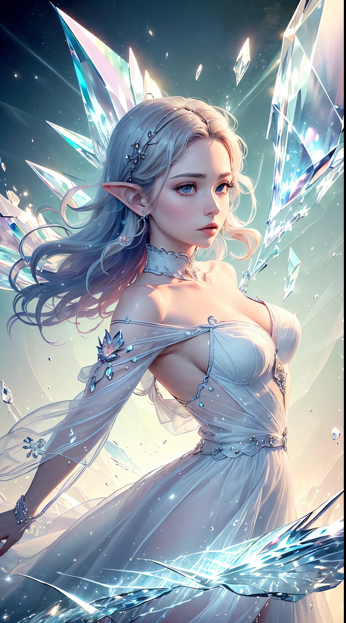 (Masterpiece, Top Quality, Best, Official Art, Beautiful and Aesthetic, Long Exposure: 1.2), Smooth Movement, Charming Patterns, 1 Girl, (Long Dress with Sleeves: 1.3), (((White Clothes) )), upper body close-up, bare shoulders, Chinese girl, blush, black lob hair, portrait, solo, upper body, looking at the observer, detailed background, detailed face, (crystallineAI, crystalline theme:1.1), elemental wind elves, rotation Wind, control the wind, white crystal clothing, dynamic pose, floating particles, ethereal dynamics, whirlwind, vapor, whirlwind in the background, white tone, whirlwind, ethereal atmosphere,