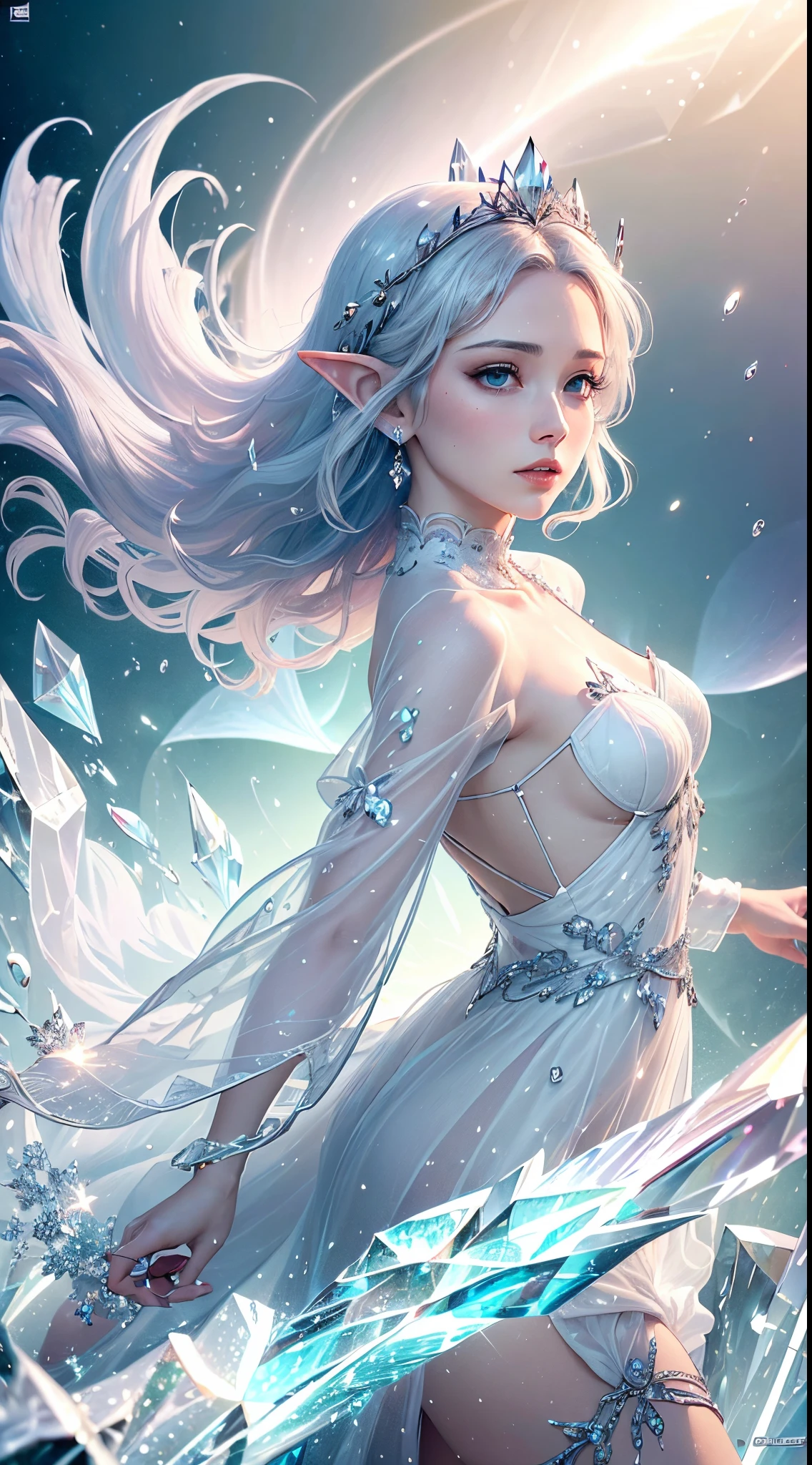 (Masterpiece, Top Quality, Best, Official Art, Beautiful and Aesthetic, Long Exposure: 1.2), Smooth Movement, Charming Patterns, 1 Girl, (Long Dress with Sleeves: 1.3), (((White Clothes) )), upper body close-up, bare shoulders, Chinese girl, blush, black lob hair, portrait, solo, upper body, looking at the observer, detailed background, detailed face, (crystallineAI, crystalline theme:1.1), elemental wind elves, rotation Wind, control the wind, white crystal clothing, dynamic pose, floating particles, ethereal dynamics, whirlwind, vapor, whirlwind in the background, white tone, whirlwind, ethereal atmosphere,