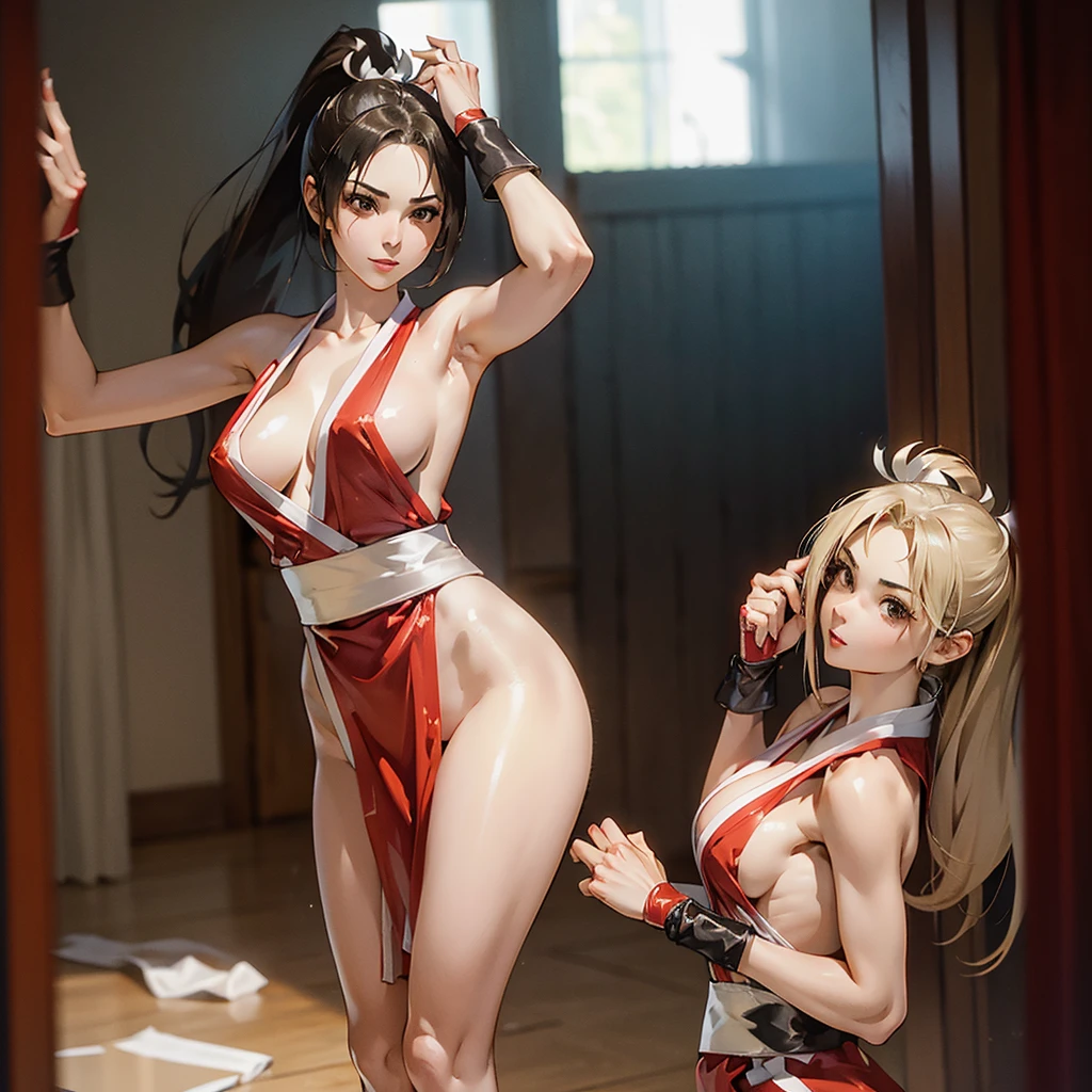 Mai Shiranui, pechos enormes, NSFW, pegando una patada, bragas blancas transparentes, se le sale una teta del traje, traje reducido al minimo, altisima calidad, cara de verguenza