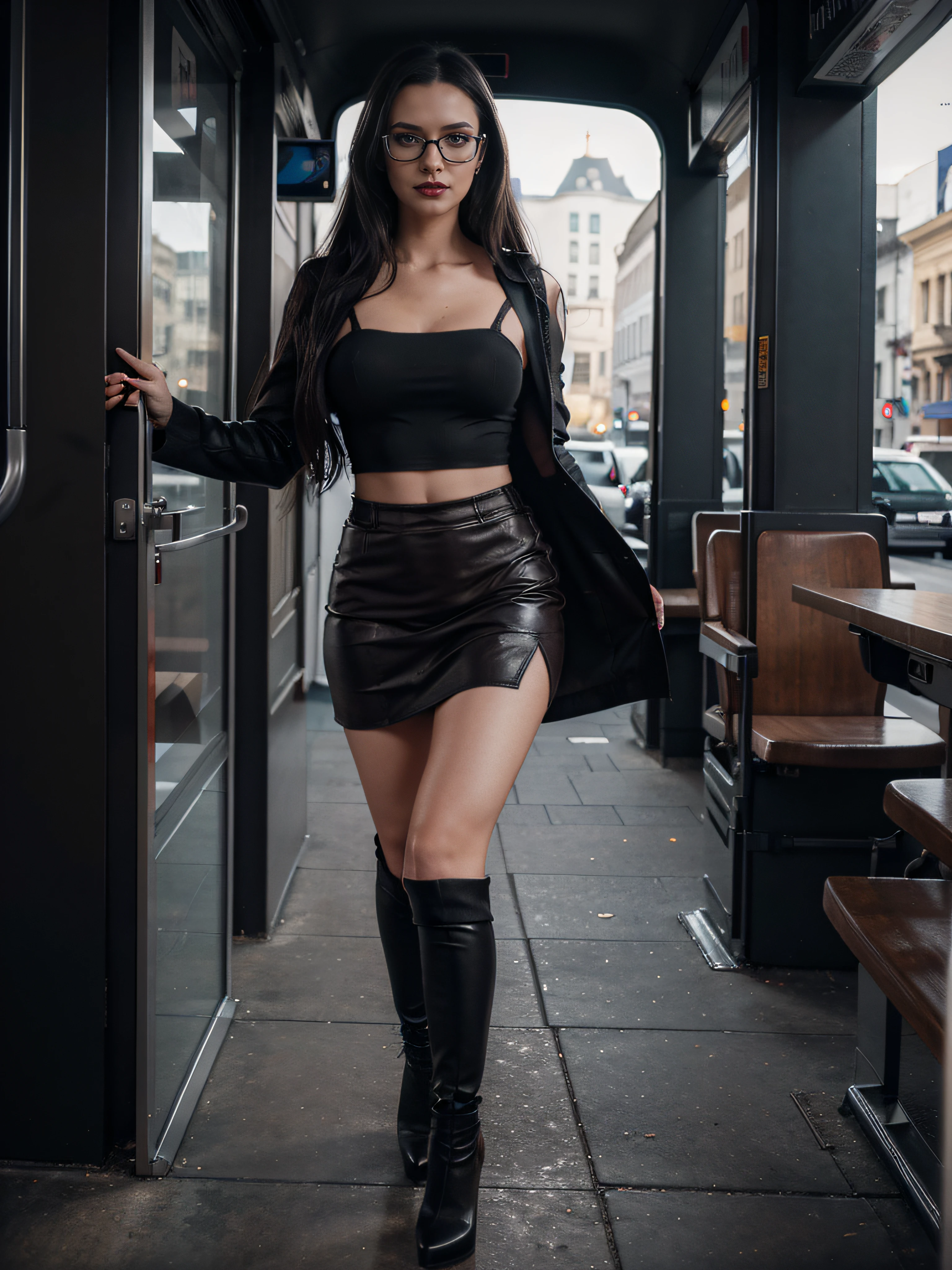 a sexy caucasian skinny nerdy young girl with glasses, goth makeup (complex details: 1.2), (highest quality: 1.4), (ultra high definition: 1.2), ultra high definition, (detailed eyes), (detailed facial features), HDR, 8k resolution, office girl returning from work by bus, wearing high heels, knee high socks, high-waisted brown skirt, dark brown coat and red crop top, dark red rich lipstick, seductive, long black hair tied up messily, high heels