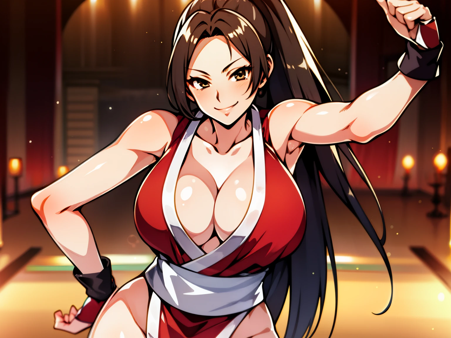 1 woman, Mai Shiranui, sexy body, sexy Japanese clothes, dancing alluringly, sexy pose, looking at the viewer with desire, joyful smile