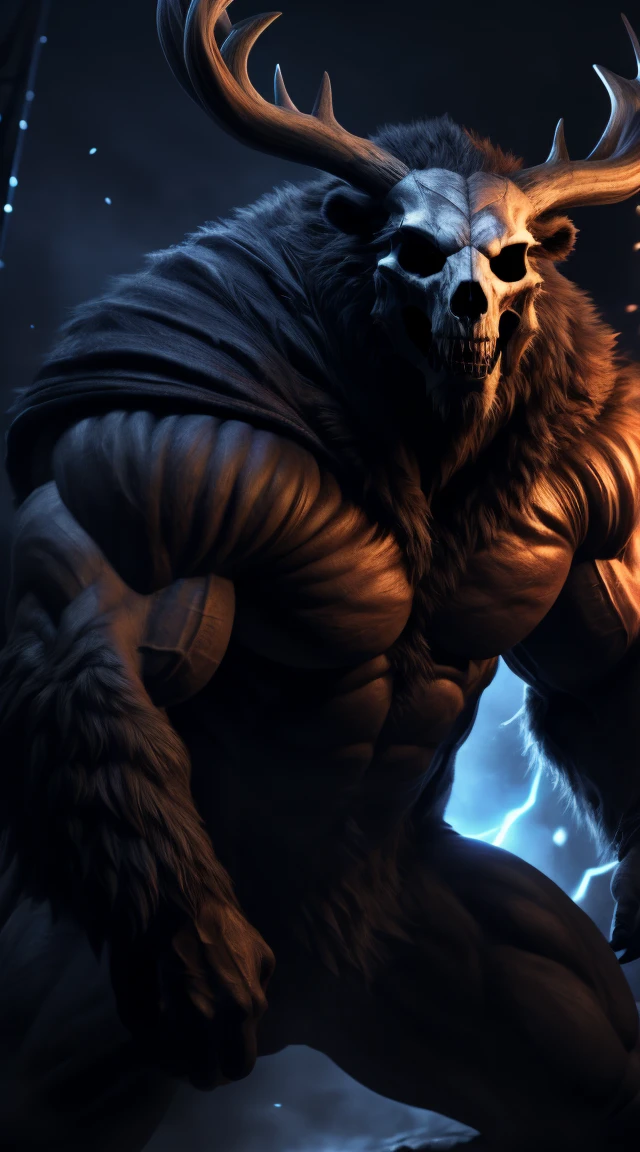 buff monster, muscular, abs, furry body, majestic fur mantle, wendigo skull, elk horns, muscular, giant, bear body, threatening, stands menacingly, wide body, muscular body, illustration, (best quality, 4k, highres, masterpiece:1.2), ultra-detailed, realistic, horror, sharp focus, vivid colors, nighttime lighting,