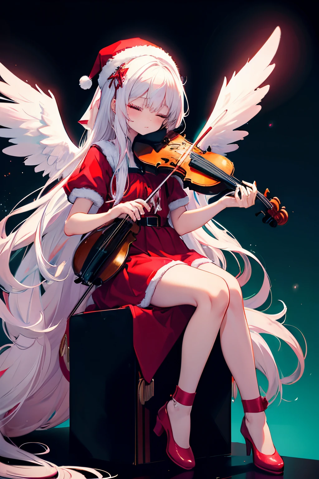 tiny girl with long white hair, wearing red outfit christmas style, playing violin, eyes closed, slim, harmless, big black big sixed angel wings, sit pose, bad ass,glowing clotheest quality, serious,Neon pink and blue Light, neon style