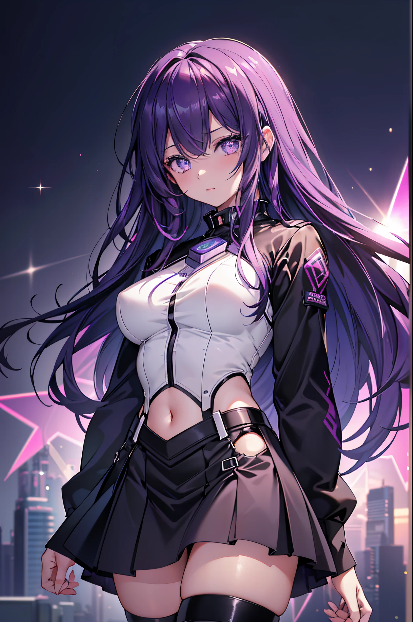 Anime, Girl, (((1girl))), Techwear, (((Deep Violet Hair, Long Hair))), ((Vibrant Light Purple Eyes eyes: 1.3, Upturned Eyes: 1, Perfect Eyes, Beautiful Detailed Eyes, Gradient eyes: 1, Finely Detailed Beautiful Eyes: 1, Symmetrical Eyes: 1, Big Highlight On Eyes: 1.2, Hoshino Ai's Star Eyes)), (((Lustrous Skin: 1.5, Bright Skin: 1.5, Skin Fair, Shiny Skin, Very Shiny Skin, Shiny Body, Plastic Glitter Skin, Exaggerated Shiny Skin, Illuminated Skin))), (Detailed Body, (Detailed Face)), Young, Idol Pose, (Best Quality), Shirt, Loose Skirt, Stockings, Garterbelt, Modest Clothing, Skin Covered, Cute Disposition, High Resolution, Sharp Focus, Ultra Detailed, Extremely Detailed, Extremely High Quality Artwork, (Realistic, Photorealistic: 1.37), 8k_Wallpaper, (Extremely Detailed CG 8k), (Very Fine 8K CG), ((Hyper Super Ultra Detailed Perfect Piece)), (((Flawlessmasterpiece))), Illustration, Vibrant Colors, (Intricate), High Contrast, Selective Lighting, Double Exposure, HDR (High Dynamic Range), Post-processing, Background Blur