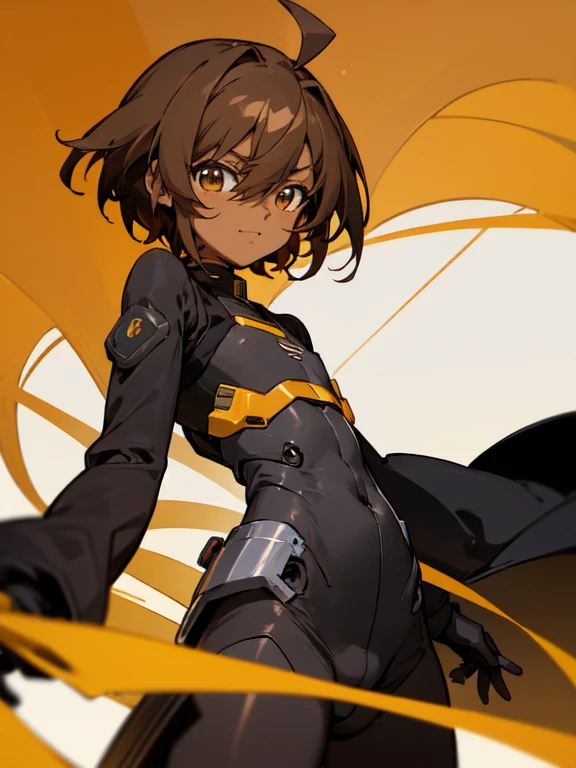 (((Dark skin))), (otokonoko), 1 male, cute, young, (beautiful boy) (short dark brown hair with ahoge)), hazel eye colour, flat chested) wearinagical Girl Lyrical Nanoha StrikerS: Vivio Takamachi long black barrier jacket black armoured bodysuit outfit black exosuit legging black gloves, black trenchcoat, cute smile, close up