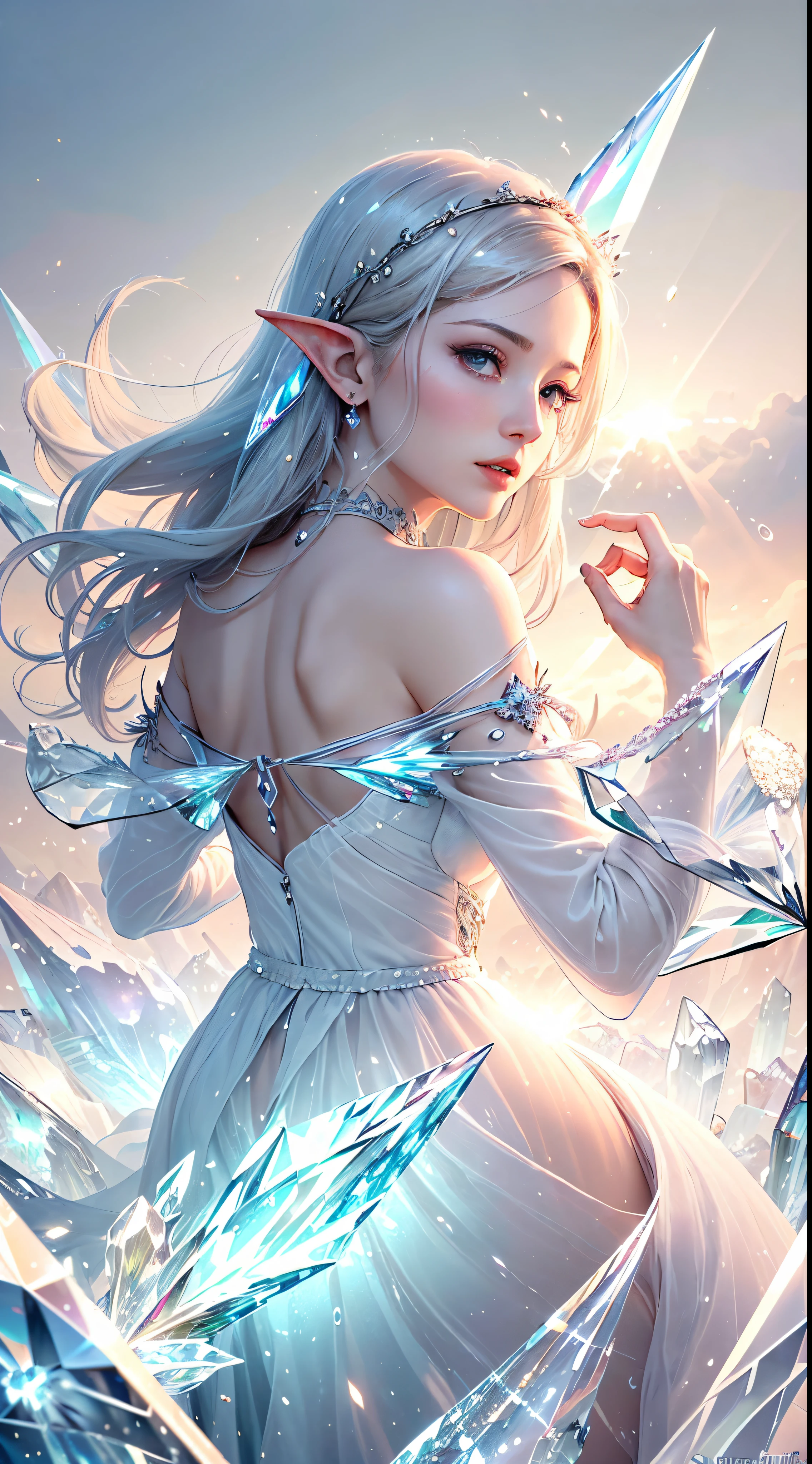 (Masterpiece, Top Quality, Best, Official Art, Beautiful and Aesthetic, Long Exposure: 1.2), Smooth Movement, Charming Patterns, 1 Girl, (Long Dress with Sleeves: 1.3), (((White Clothes) )), upper body close-up, bare shoulders, Chinese girl, blush, black lob hair, portrait, solo, upper body, looking at the observer, detailed background, detailed face, (crystallineAI, crystalline theme:1.1), elemental wind elves, rotation Wind, control the wind, white crystal clothing, dynamic pose, floating particles, ethereal dynamics, whirlwind, vapor, whirlwind in the background, white tone, whirlwind, ethereal atmosphere,