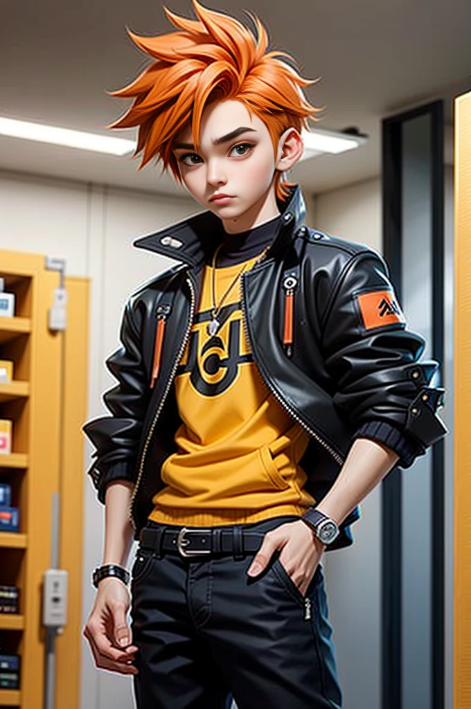 K-pop 16 year old boy, Model, Cool jacket, Orange Hair, Black pants with belt, inside walmart