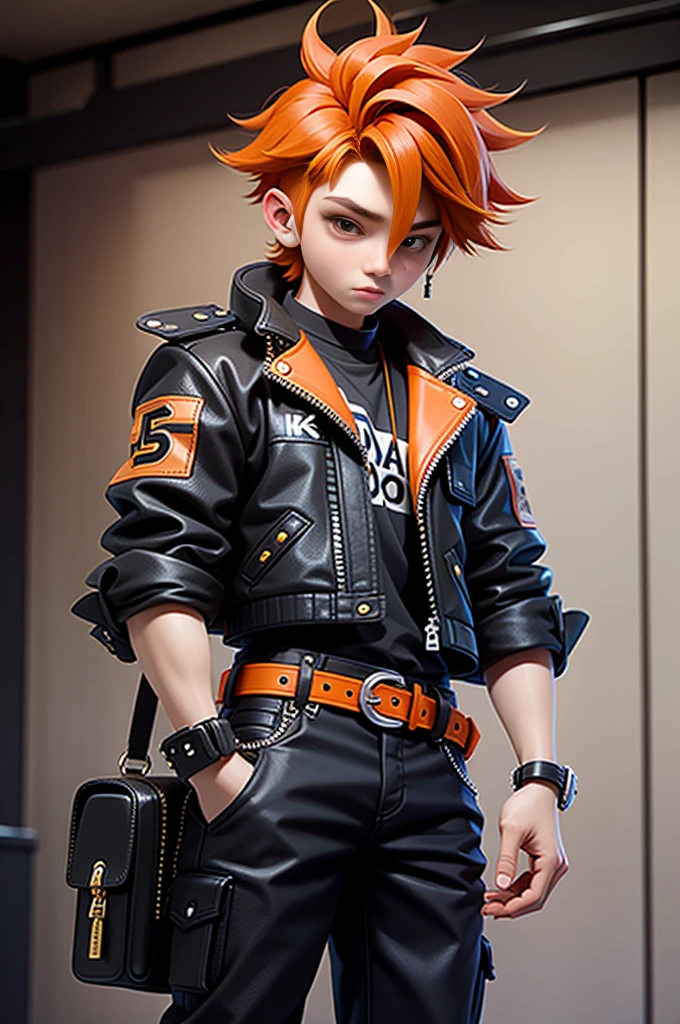 K-pop 16 year old boy, Model, Cool jacket, Orange Hair, Black pants with belt, inside walmart