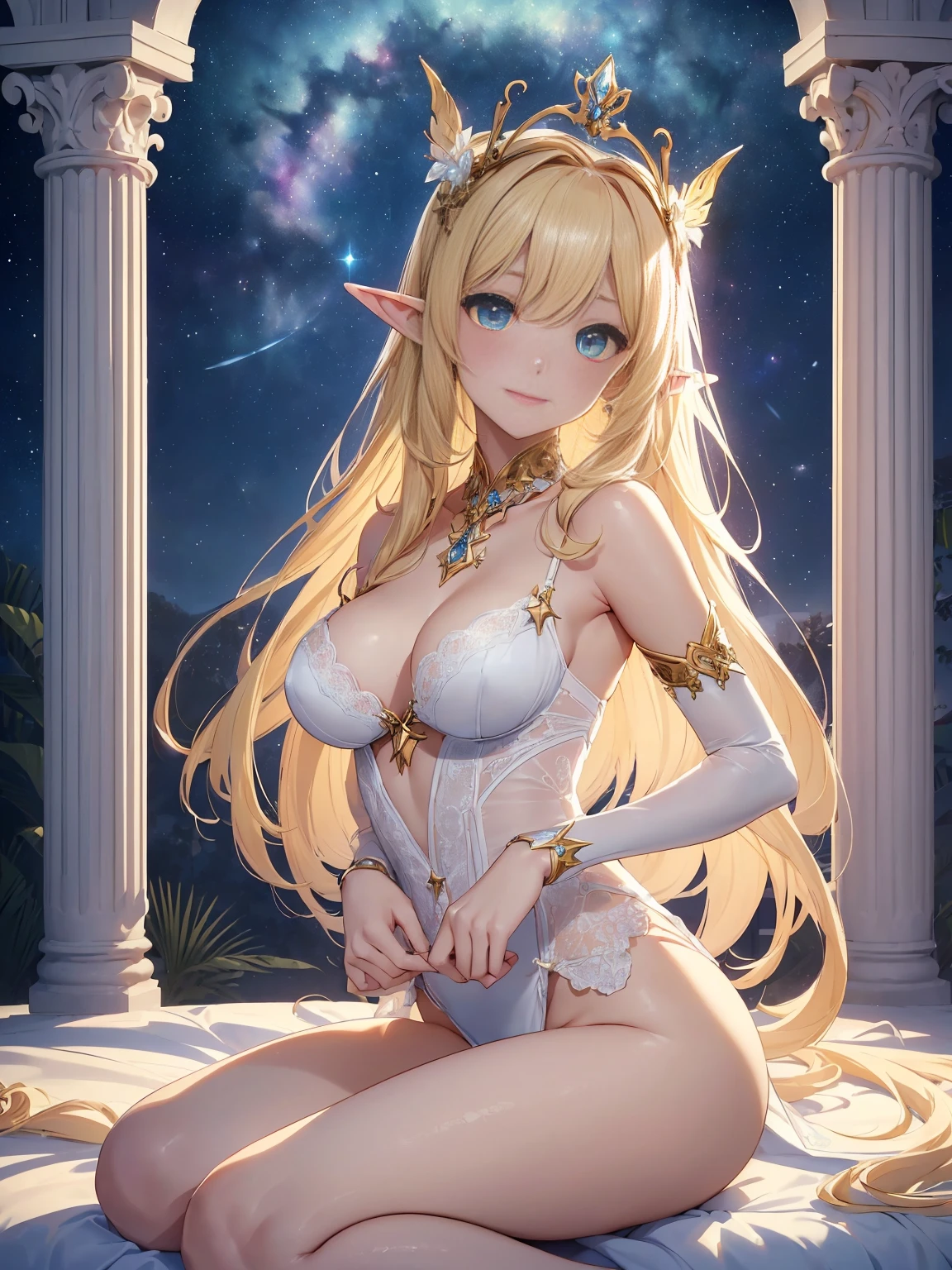 top-quality、Top image quality、​masterpiece、Super beautiful elf girl((24 year old、Best Bust、big bast、Bust 90,Beautiful long blonde hair ironed、A slender、 skating、Esbian、beautiful tiara、hiquality、Beautiful Art、Background with((starrysky)))masutepiece、visualart、depth of fields、low angle of morning sky、Yuki、Elven ears、、light magic、kosmos、、Happy smile、Gentle light、、Beautiful legs that are gentle on the skin、、、Number of fingers to achieve precise finger movements、ticker beautiful white underwear、beautiful decorative lingerie、not any dressed、NSFW..,elegent、Mystical　、Beautiful decoration of marble columns、Winters、Yucatin　Glamorous body、Sexy Sexy、　Morning light、Beautiful decoration、frontage、sexy  pose