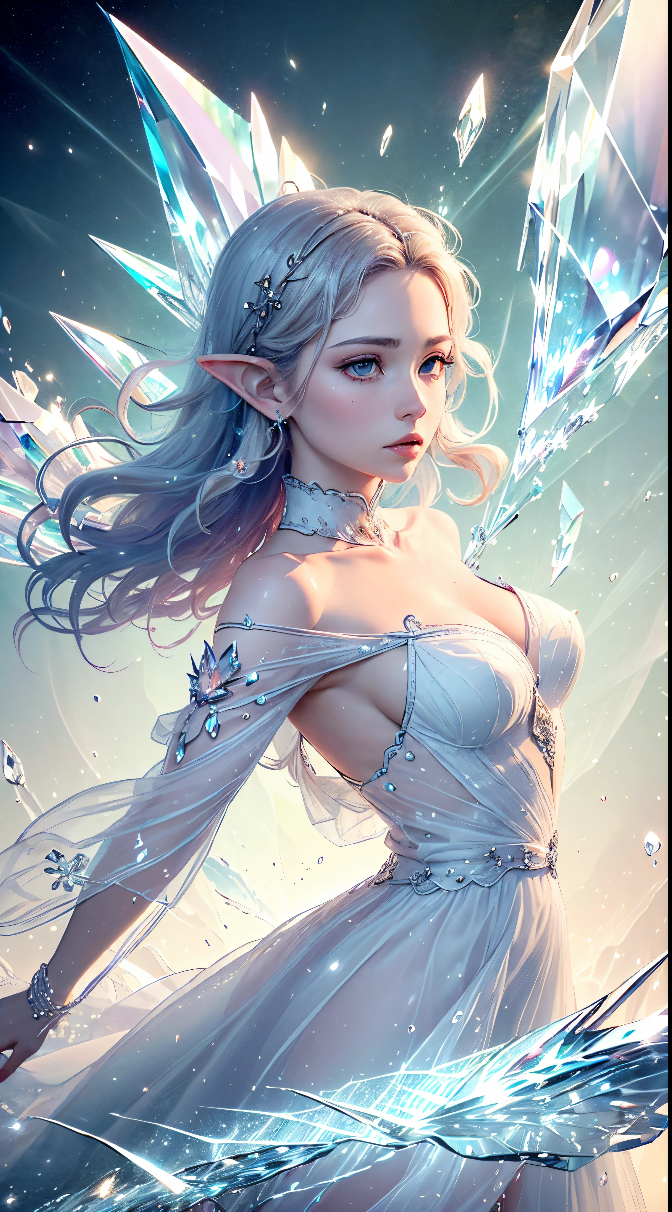 (Masterpiece, Top Quality, Best, Official Art, Beautiful and Aesthetic, Long Exposure: 1.2), Smooth Movement, Charming Patterns, 1 Girl, (Long Dress with Sleeves: 1.3), (((White Clothes) )), upper body close-up, bare shoulders, Chinese girl, blush, black lob hair, portrait, solo, upper body, looking at the observer, detailed background, detailed face, (crystallineAI, crystalline theme:1.1), elemental wind elves, rotation Wind, control the wind, white crystal clothing, dynamic pose, floating particles, ethereal dynamics, whirlwind, vapor, whirlwind in the background, white tone, whirlwind, ethereal atmosphere,