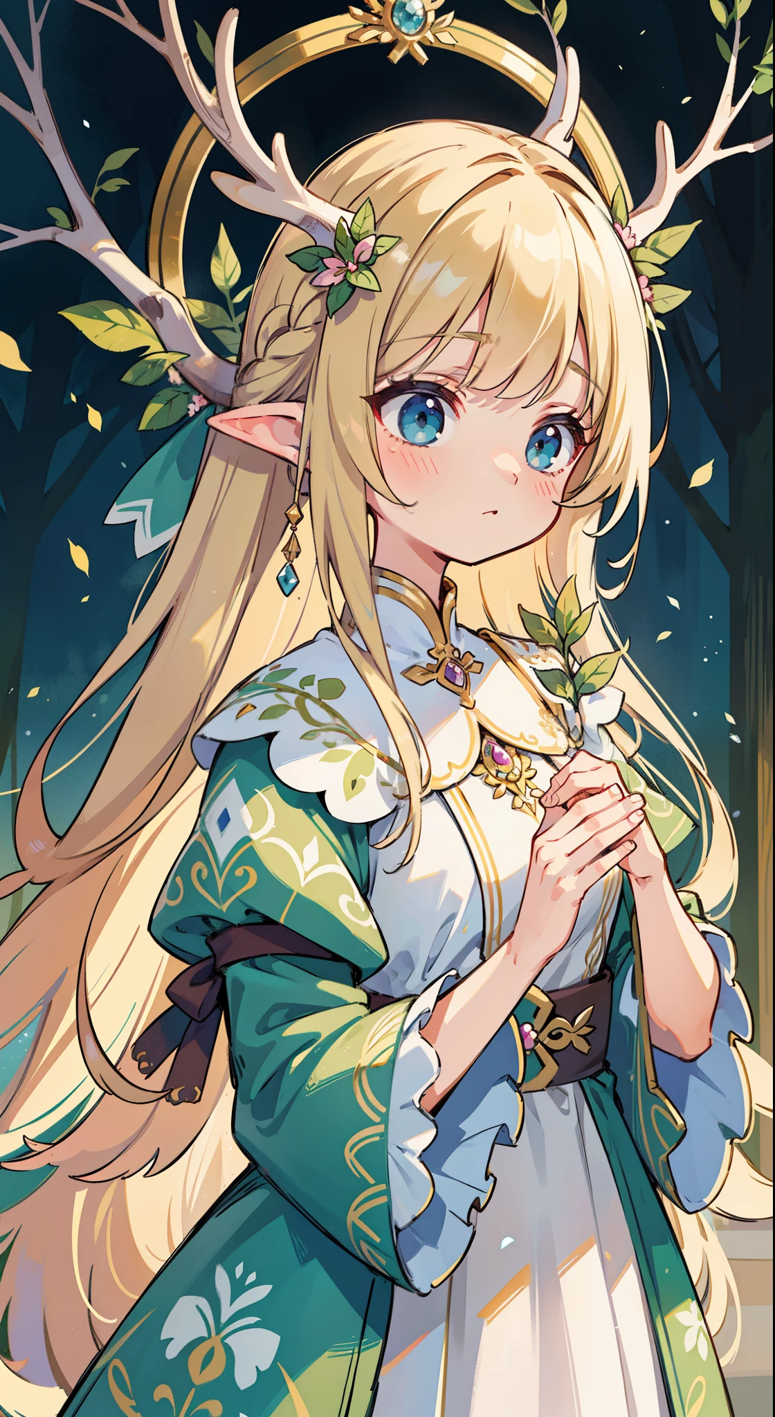 high quality, masterpiece, Delicate facial features, Delicate hair, Delicate eyes, Delicate hair, anime girl, deer antlers color hair, florals, Dreamy style, Fantastic flower garden, fantasy style clothing, Romantic dress,  beautiful and elegant elf queen, Fantasy art style, Anime fantasy illustration, fey queen of the summer forest, anime art nouveau, goddess of the forest, portrait of an elf queen, A beautiful artwork illustration，8K high quality detailed art（Delicate facial portrayal）（Fine hair depiction）（highest  quality）（masterpiece) 8k wallpaper，masterpiece, Best quality at best, ultra - detailed